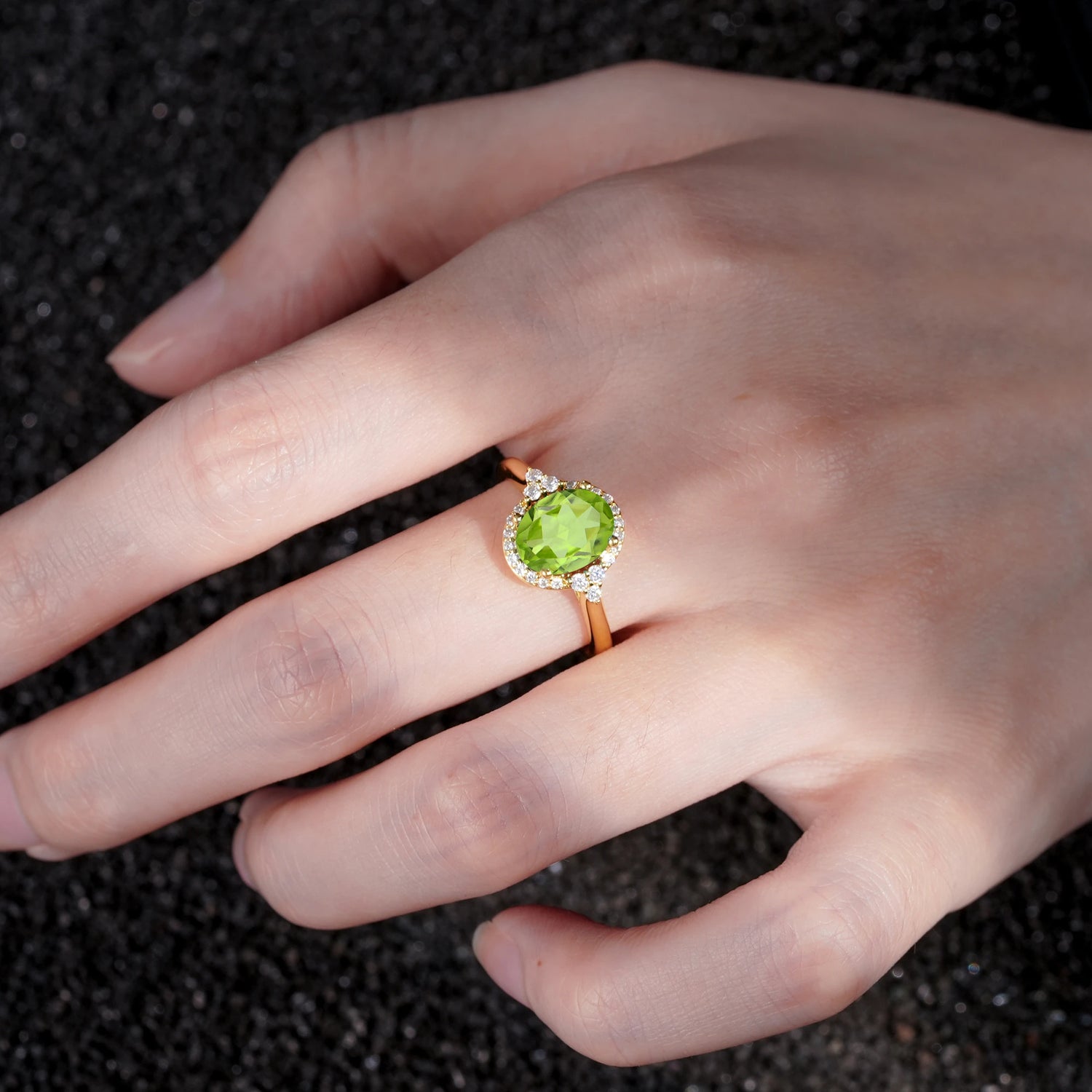 Romantic Oval Cut Full Halo Peridot Engagement Ring