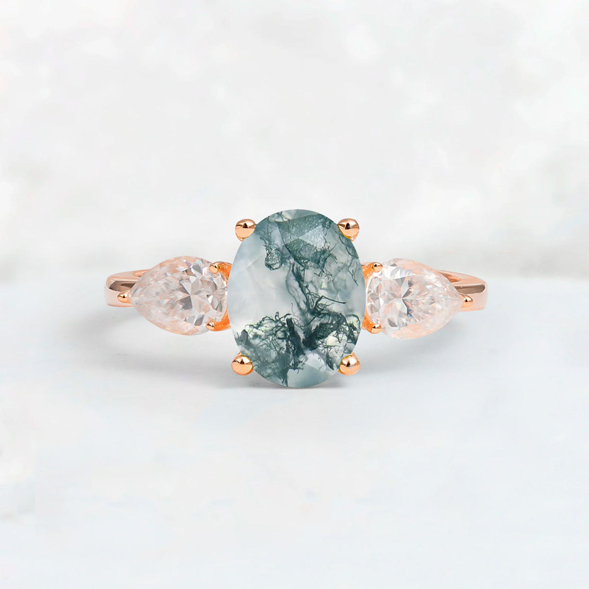 Oval Cut Moss Agate Three-Stone Engagement Ring with Pear Side Stones - Additional view