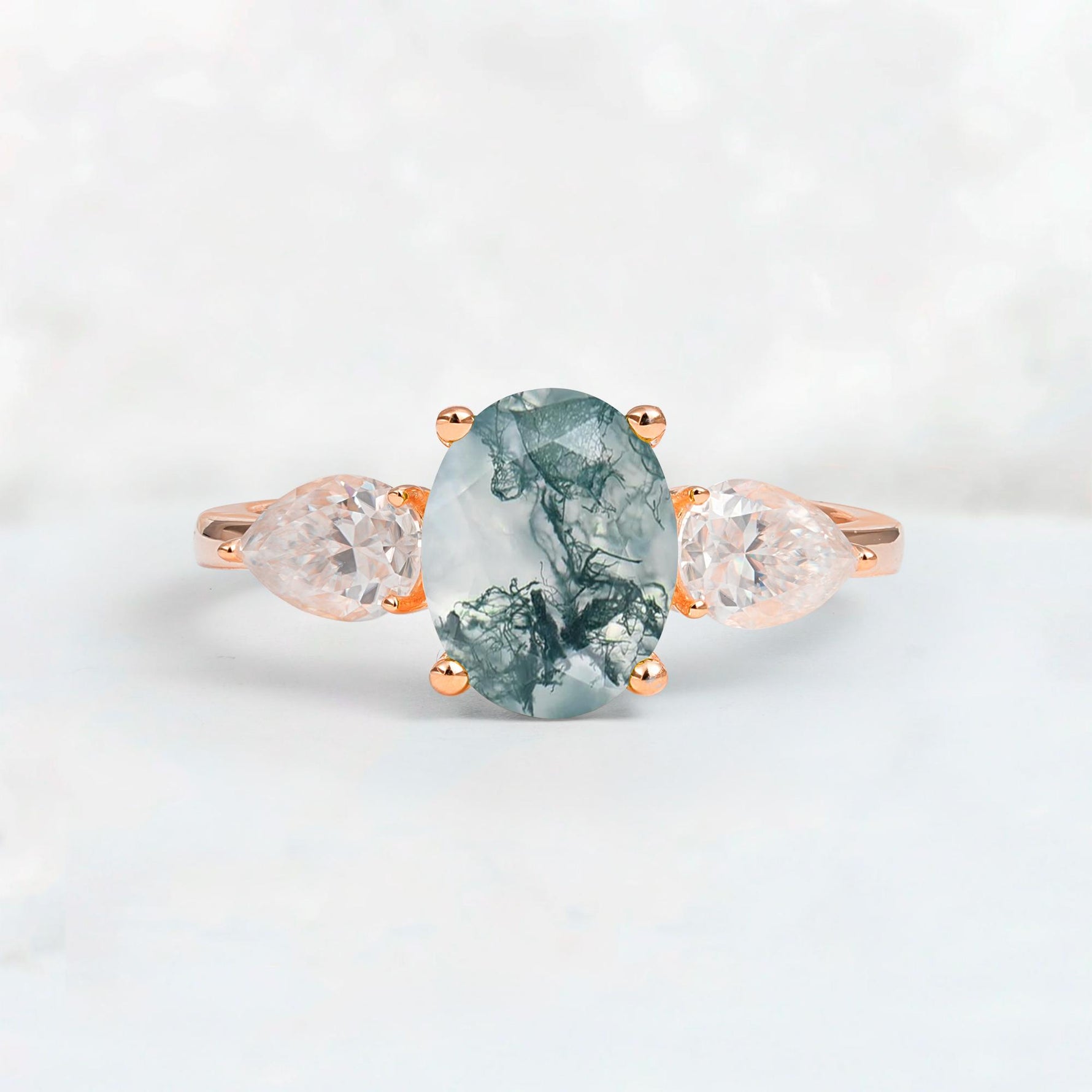 Oval Cut Moss Agate Three-Stone Engagement Ring with Pear Side Stones - Additional view