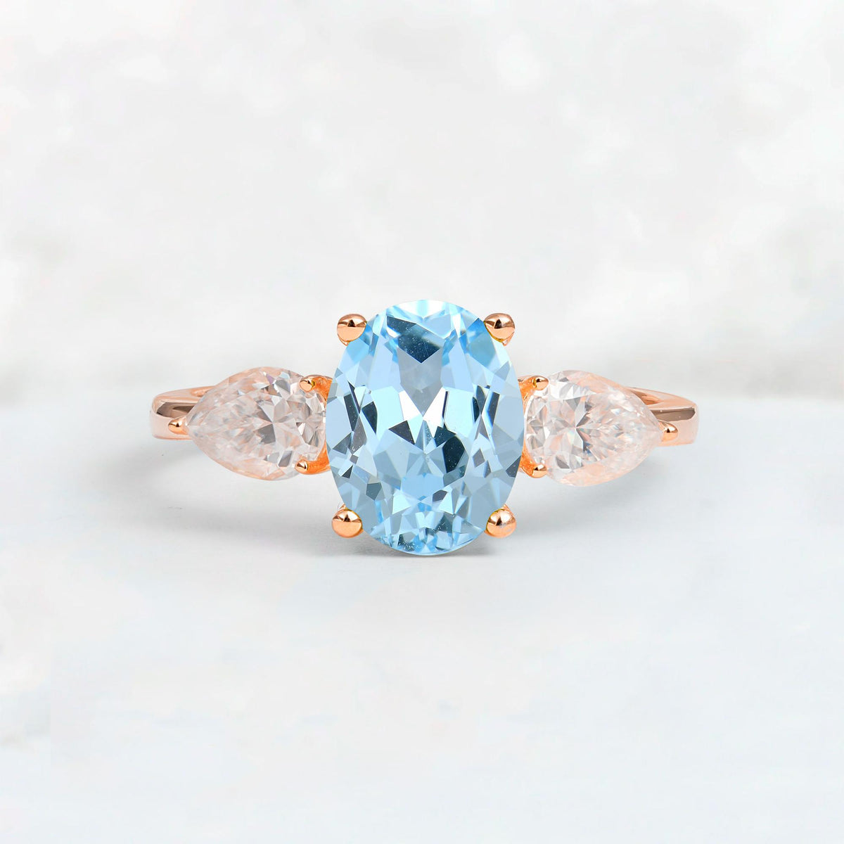 Oval Cut Aquamarine Three-Stone Engagement Ring with Pear Side Stones - Additional view
