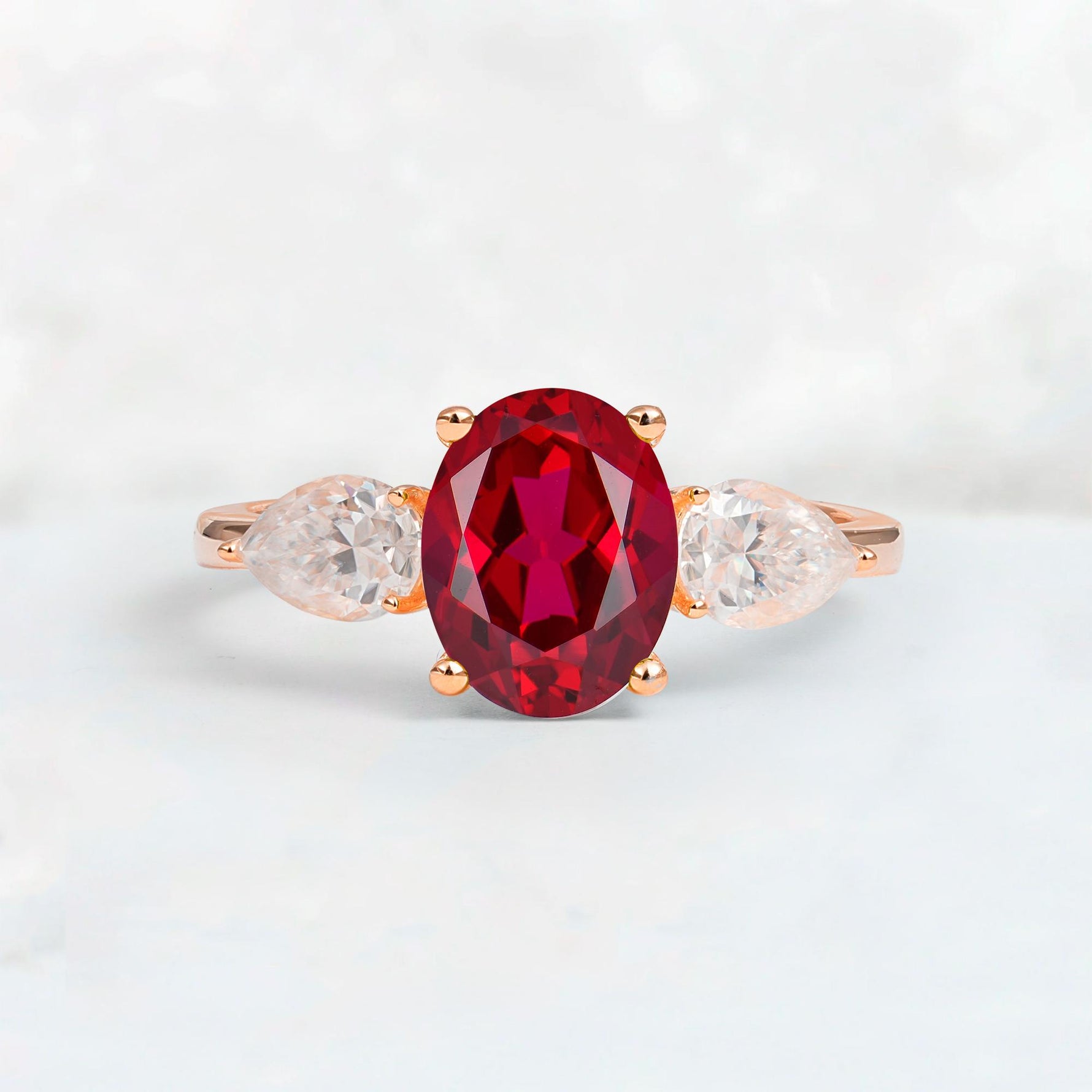 Oval Cut Ruby Three-Stone Engagement Ring with Pear Side Stones - Additional view