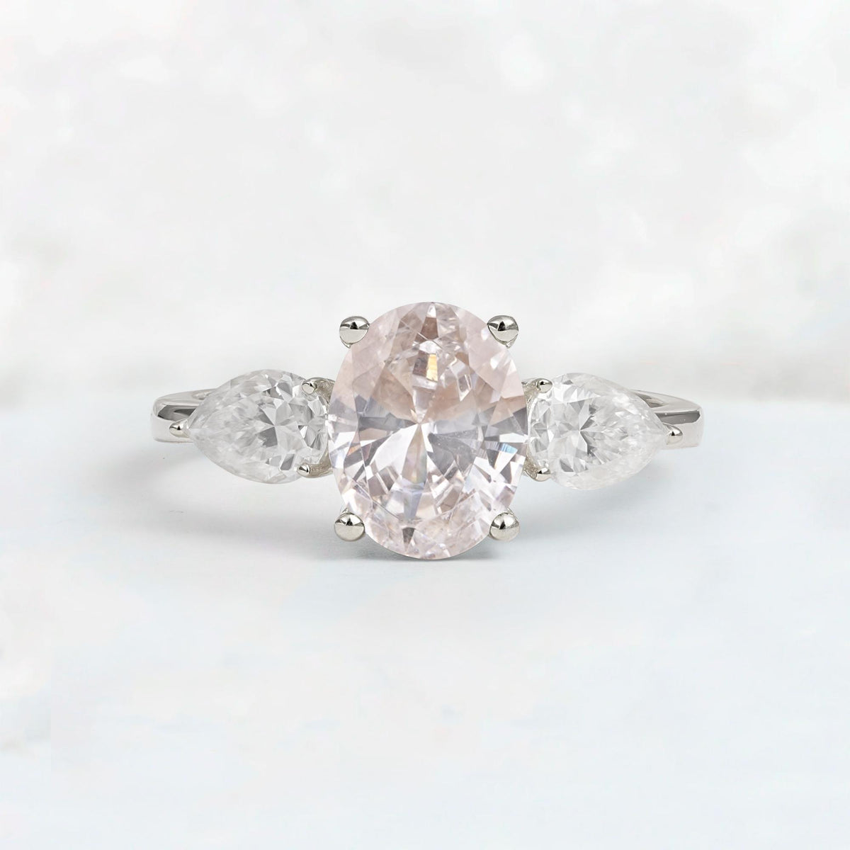 Oval Cut Moissanite Three-Stone Engagement Ring with Pear Side Stones - Additional view