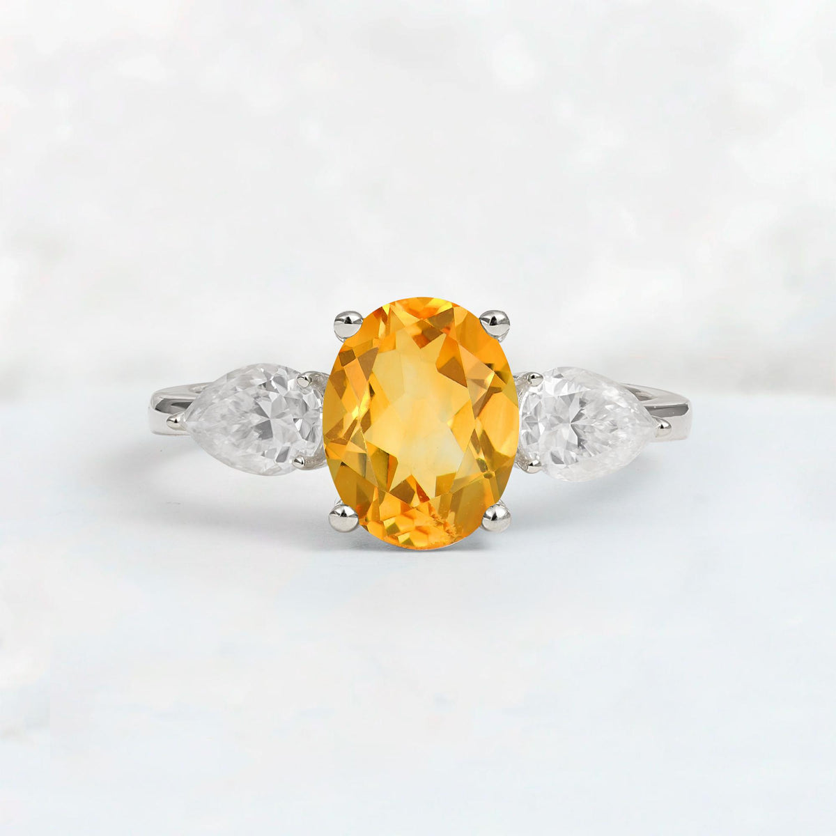 Oval Cut Citrine Three-Stone Engagement Ring with Pear Side Stones - Additional view