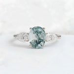 Oval Cut Moss Agate Three-Stone Engagement Ring with Pear Side Stones - Additional view