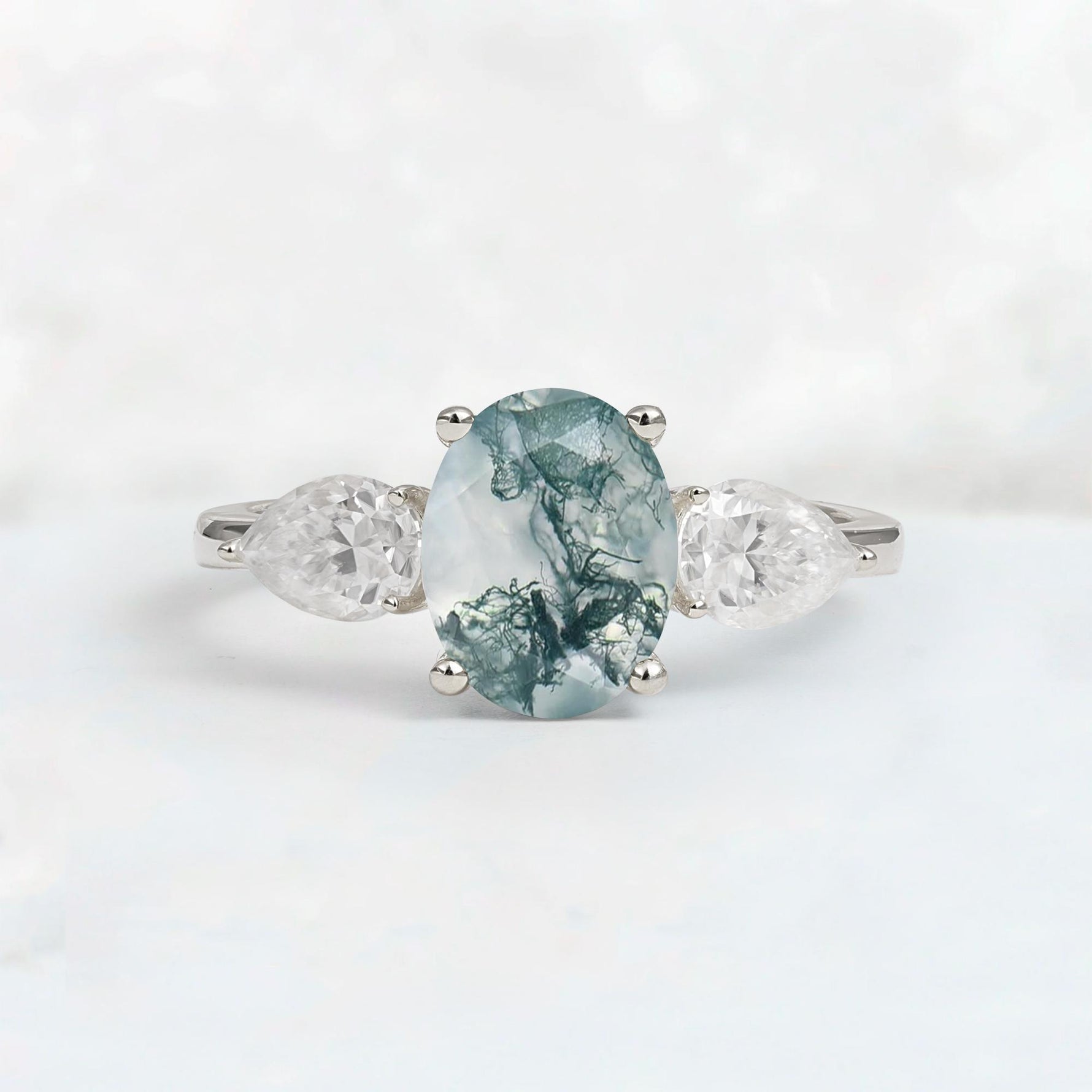 Oval Cut Moss Agate Three-Stone Engagement Ring with Pear Side Stones - Additional view