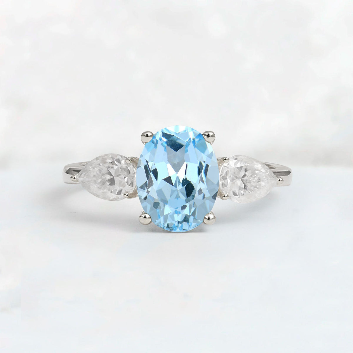 Oval Cut Aquamarine Three-Stone Engagement Ring with Pear Side Stones - Additional view