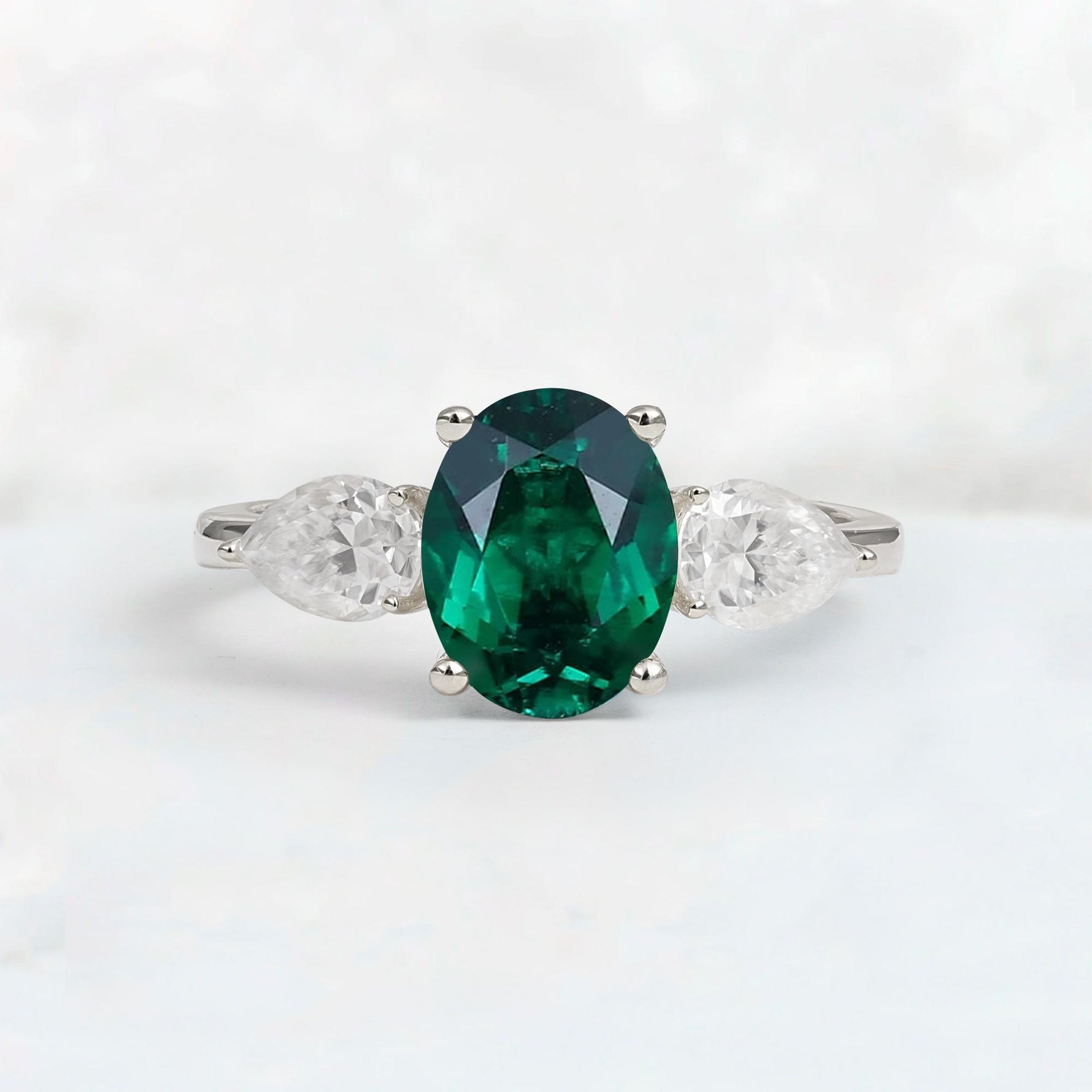 Oval Cut Emerald Three-Stone Engagement Ring with Pear Side Stones - Additional view