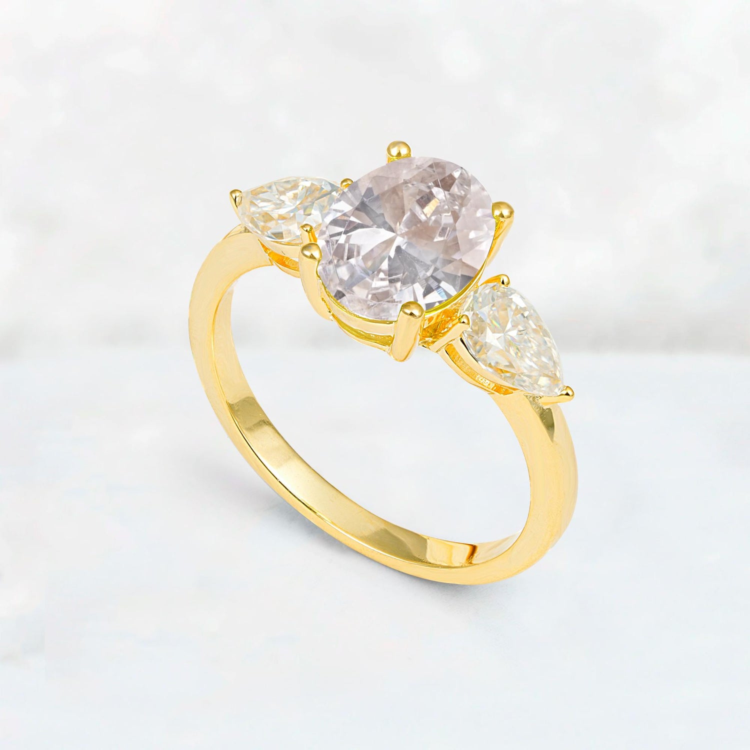Oval Cut Moissanite Three-Stone Engagement Ring with Pear Side Stones - Additional view