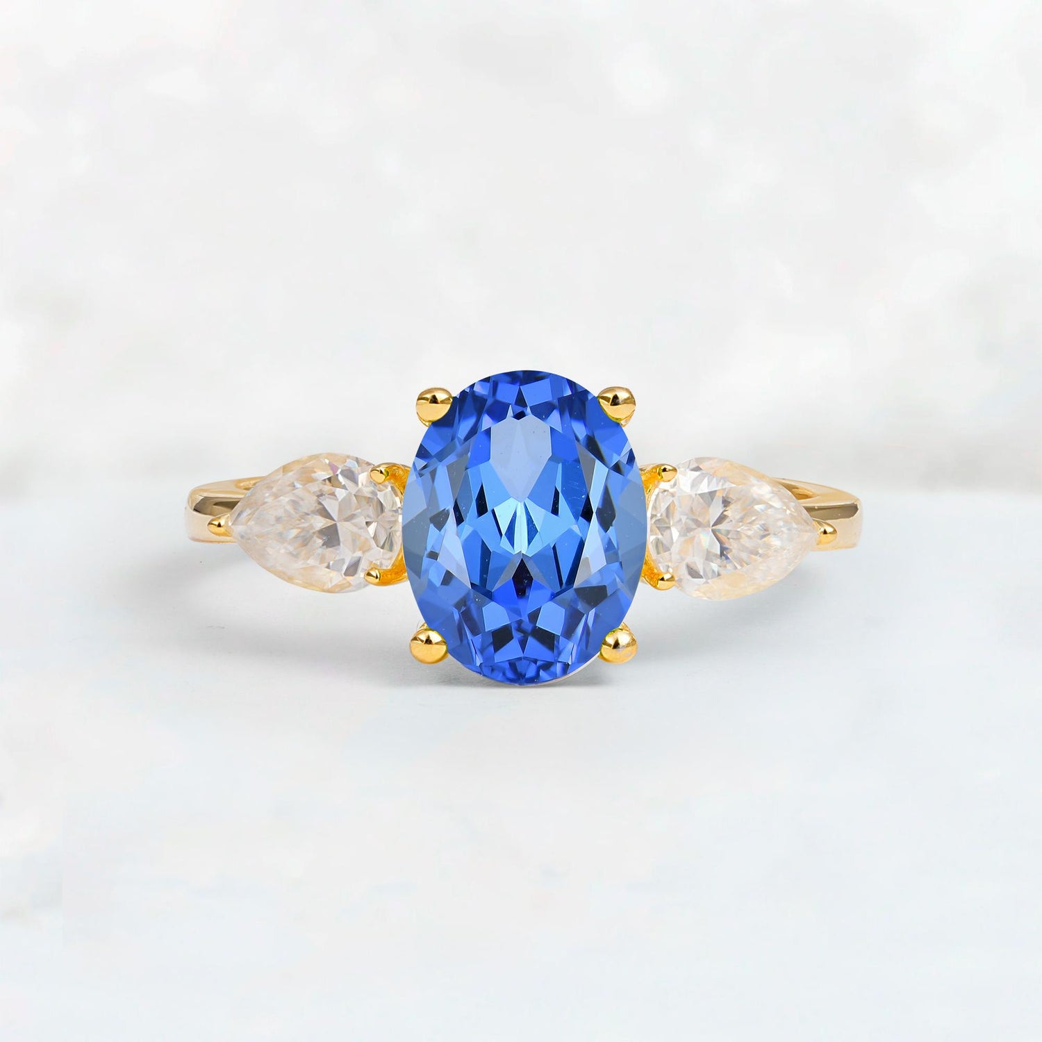 Oval Cut Sapphire Three-Stone Engagement Ring with Pear Side Stones - Additional view