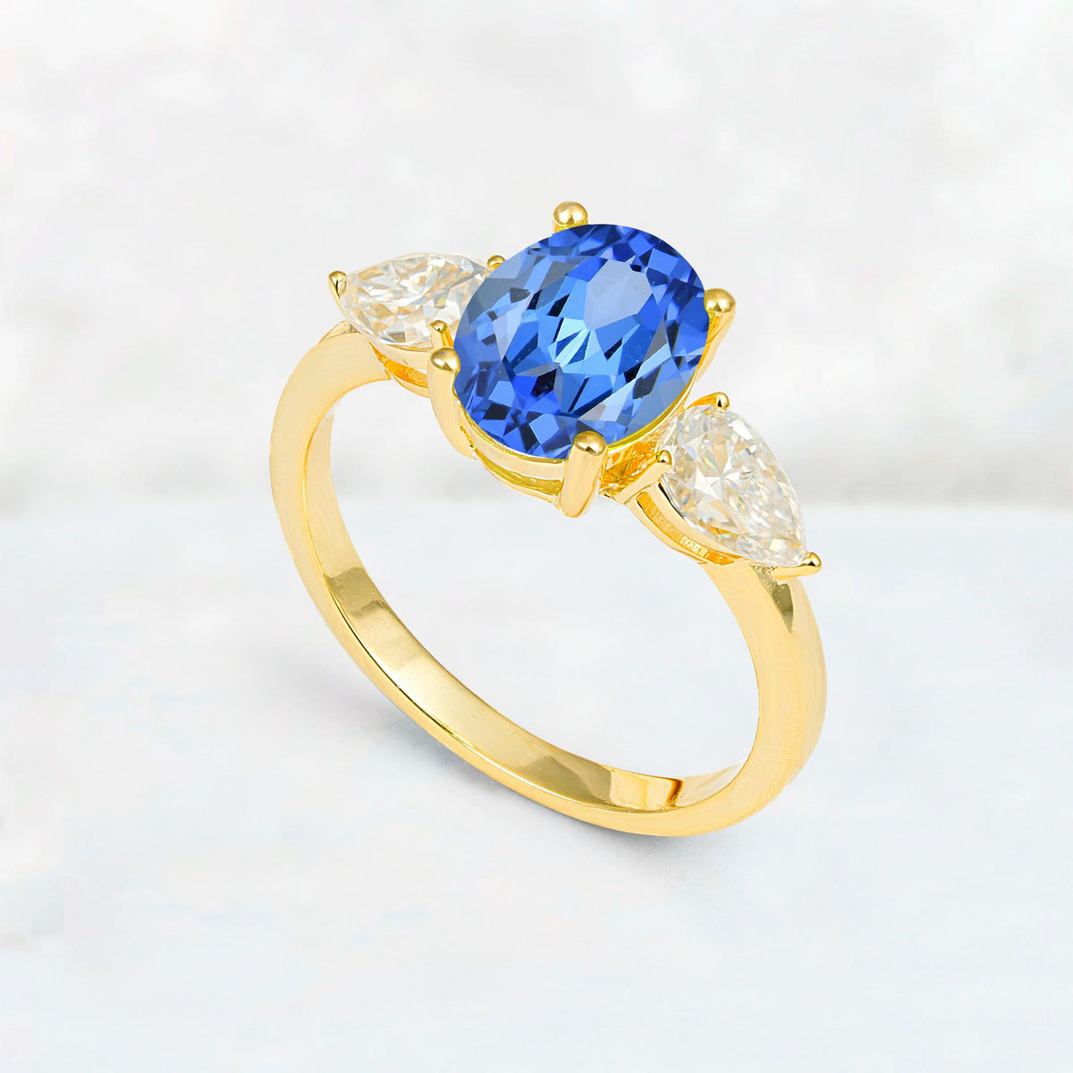 Oval Cut Sapphire Three-Stone Engagement Ring with Pear Side Stones - Additional view