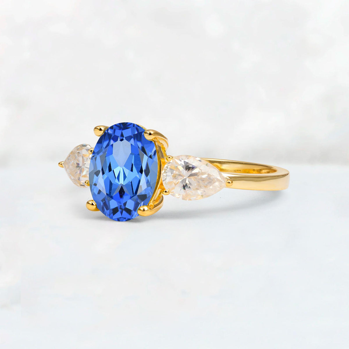 Oval Cut Sapphire Three-Stone Engagement Ring with Pear Side Stones - Additional view