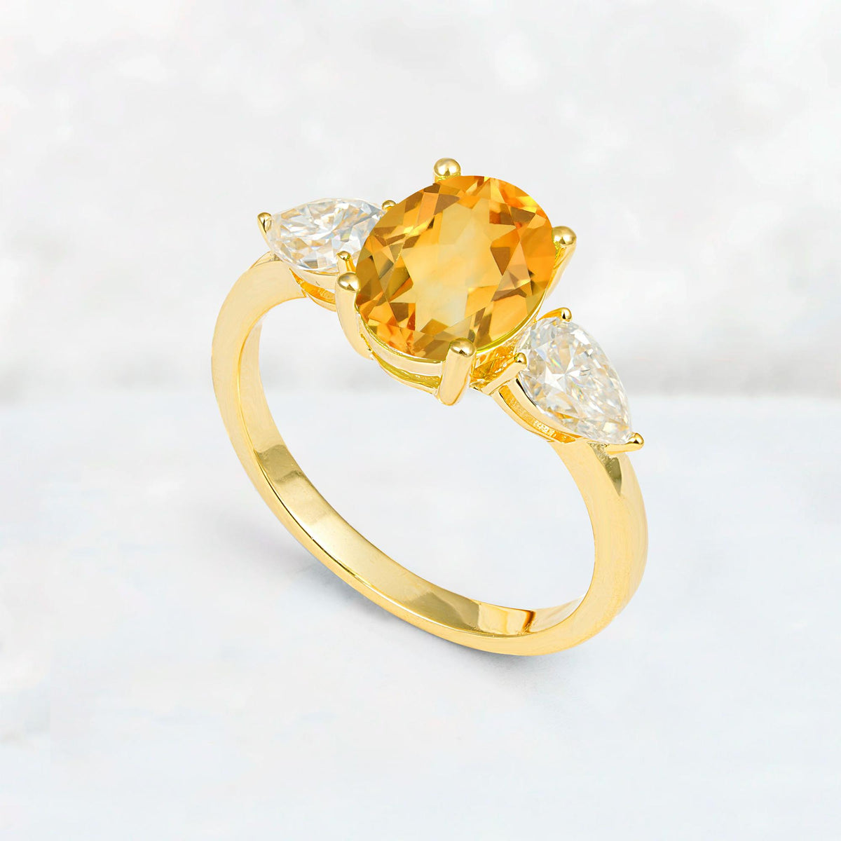 Oval Cut Citrine Three-Stone Engagement Ring with Pear Side Stones - Additional view