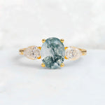 Oval Cut Moss Agate Three-Stone Engagement Ring with Pear Side Stones - Additional view