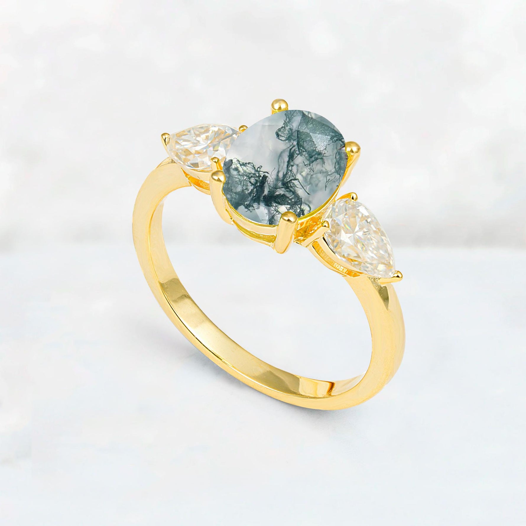 Oval Cut Moss Agate Three-Stone Engagement Ring with Pear Side Stones - Additional view