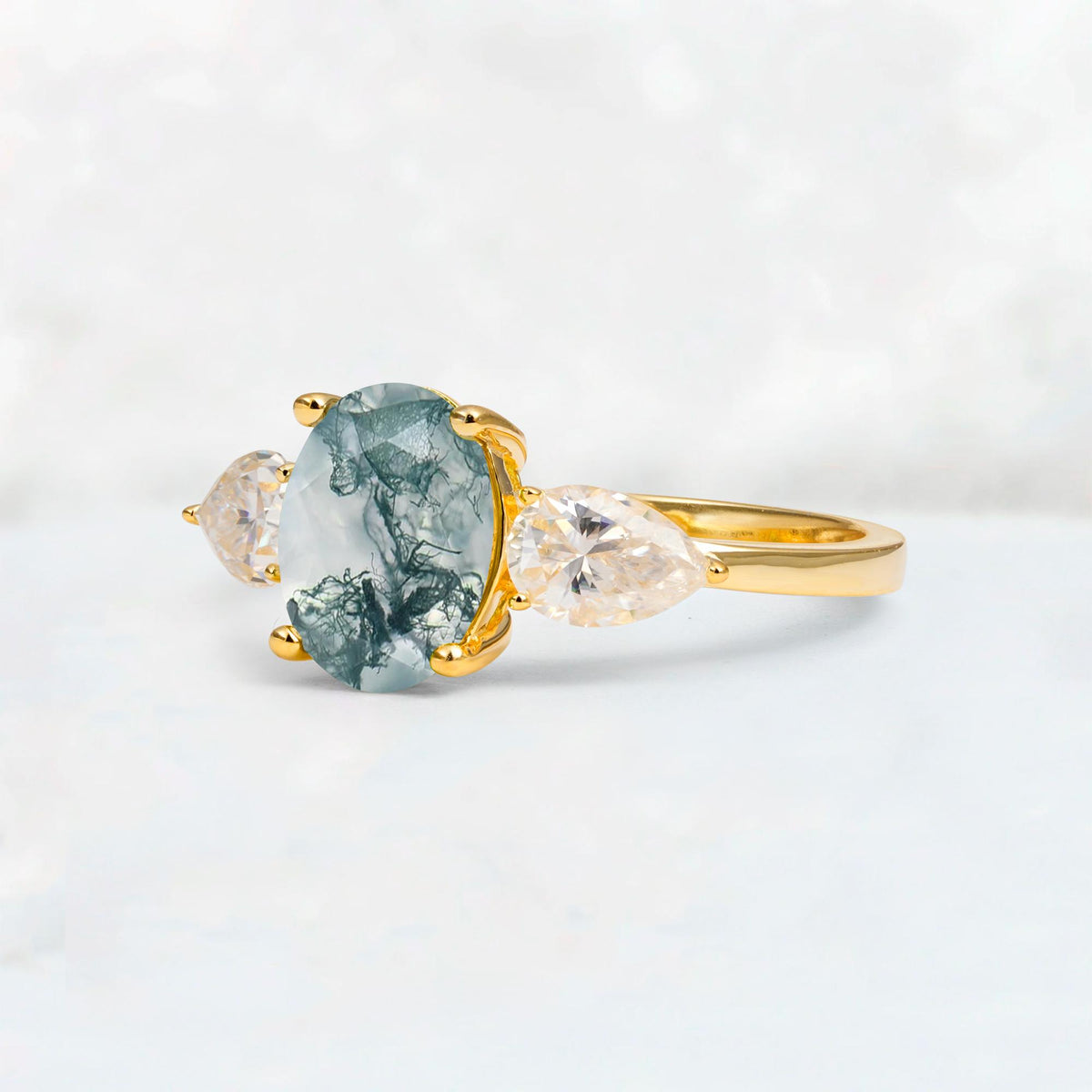 Oval Cut Moss Agate Three-Stone Engagement Ring with Pear Side Stones - Additional view