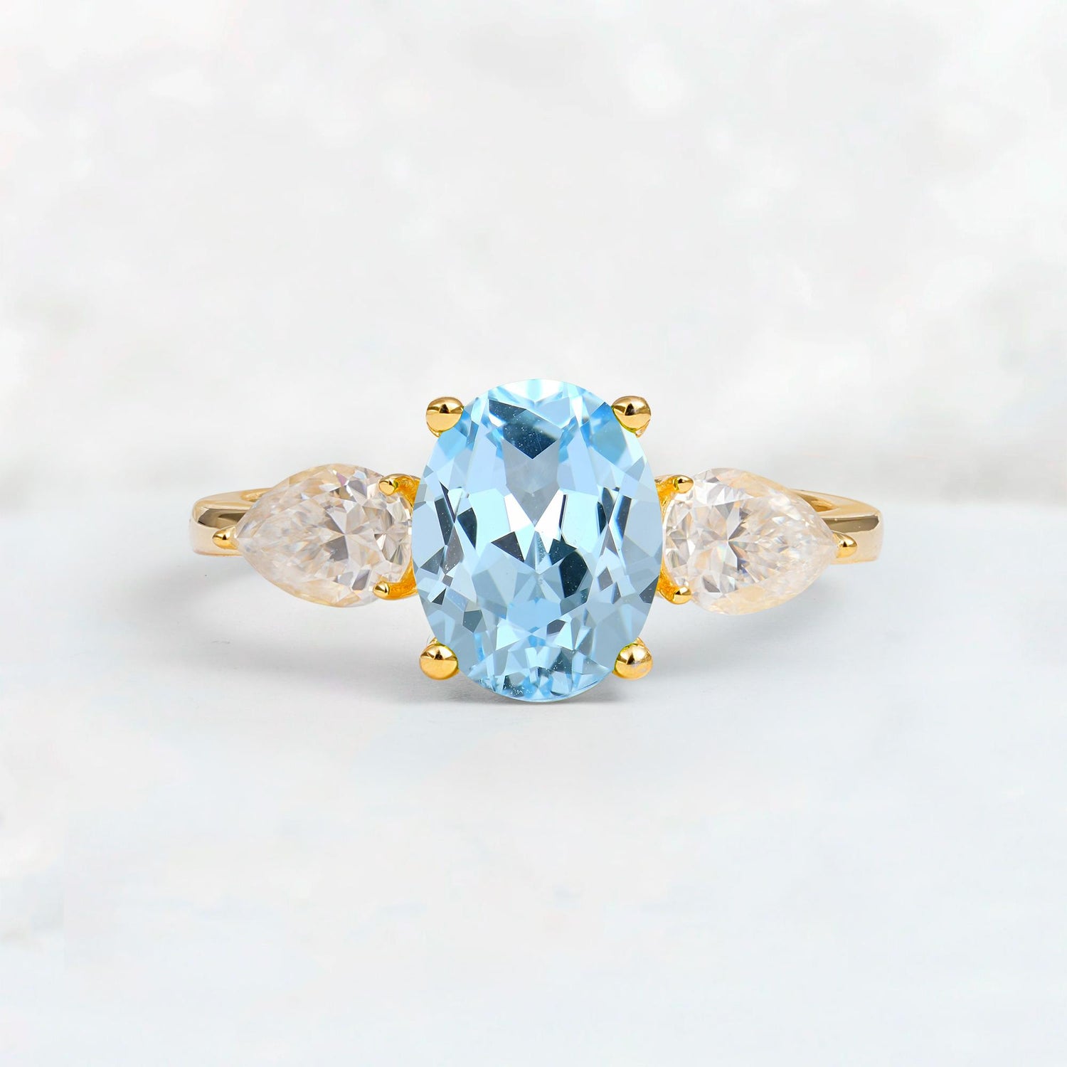 Oval Cut Aquamarine Three-Stone Engagement Ring with Pear Side Stones - Additional view