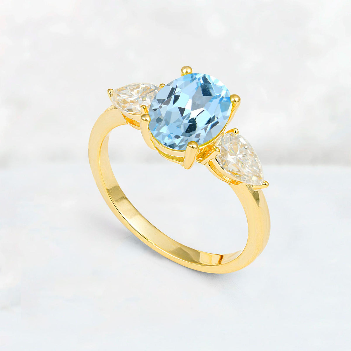 Oval Cut Aquamarine Three-Stone Engagement Ring with Pear Side Stones - Additional view