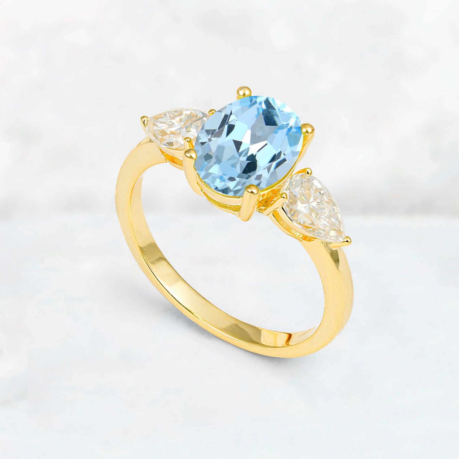 Oval Cut Aquamarine Three-Stone Engagement Ring with Pear Side Stones - Additional view