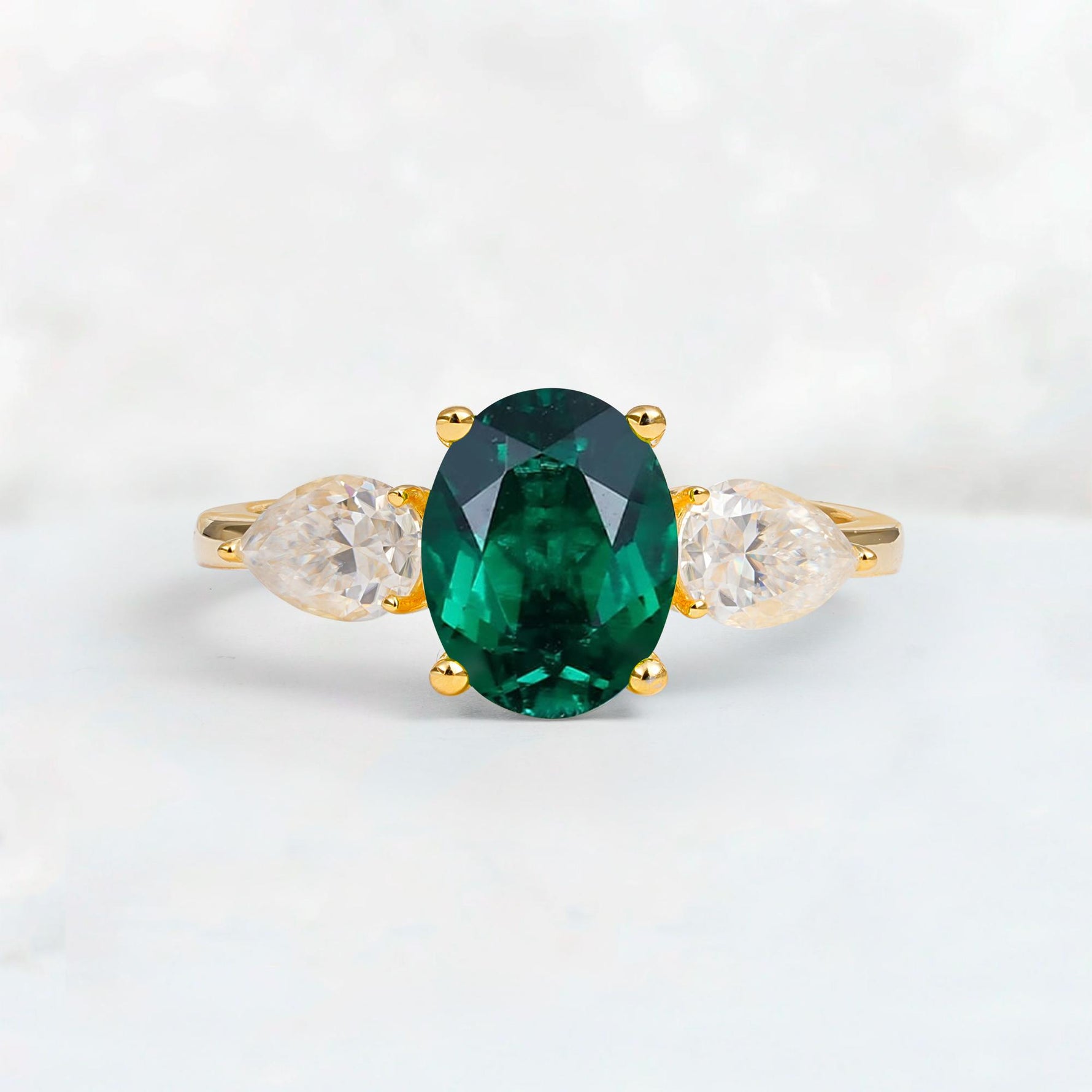 Oval Cut Emerald Three-Stone Engagement Ring with Pear Side Stones - Additional view