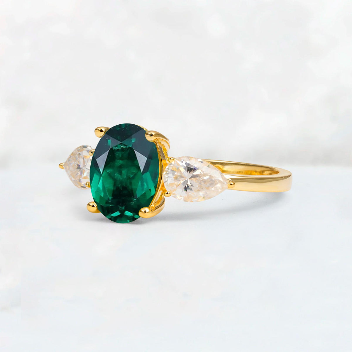Oval Cut Emerald Three-Stone Engagement Ring with Pear Side Stones - Additional view
