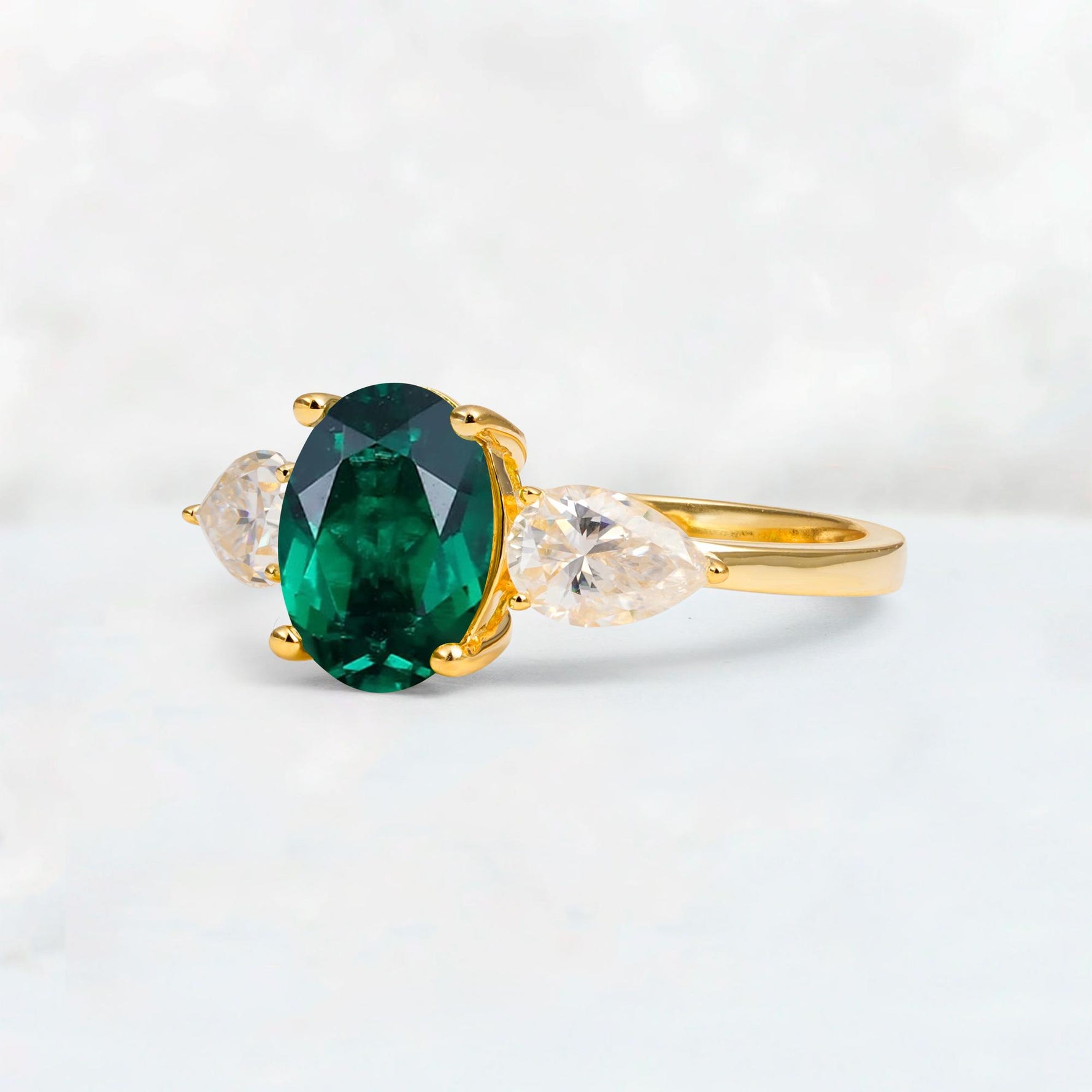 Oval Cut Emerald Three-Stone Engagement Ring with Pear Side Stones - Additional view