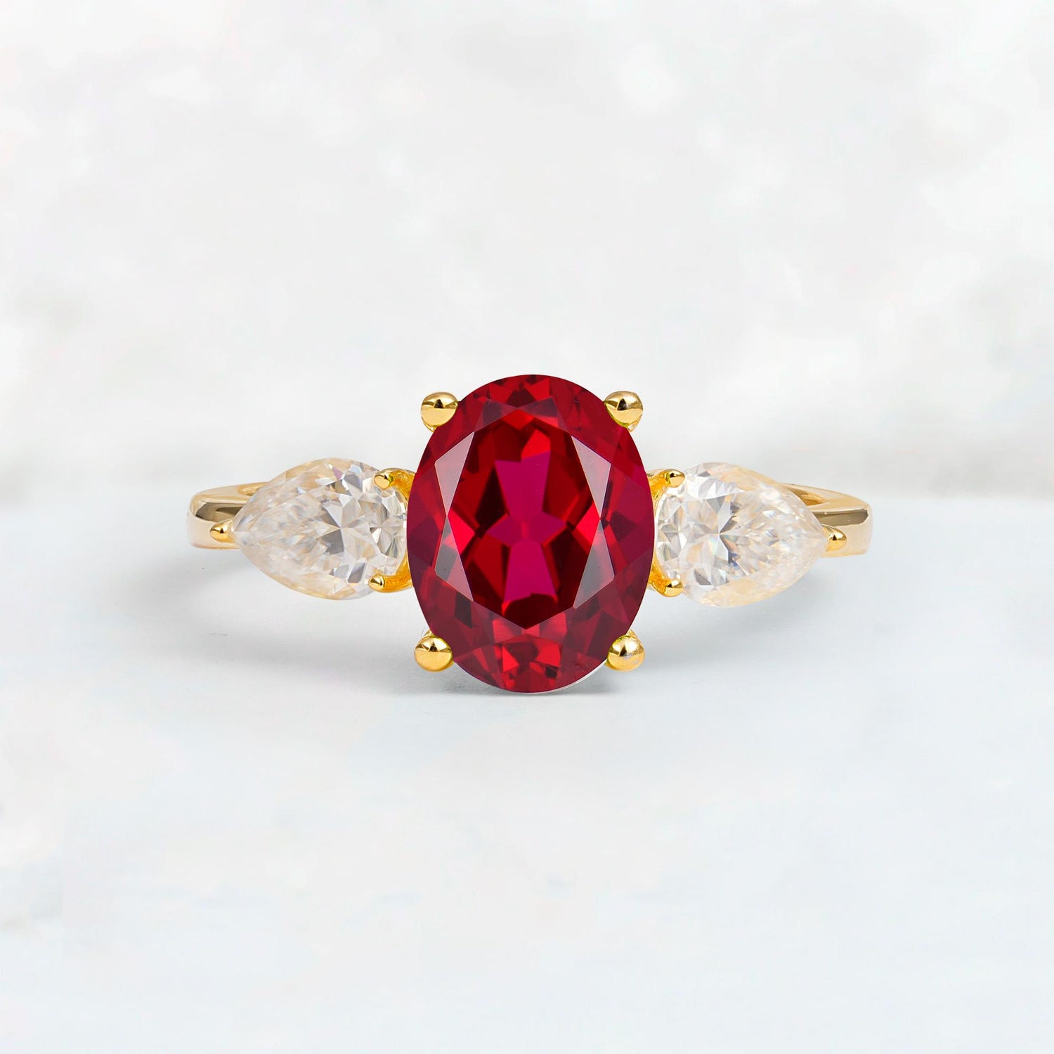 Oval Cut Ruby Three-Stone Engagement Ring with Pear Side Stones - Additional view