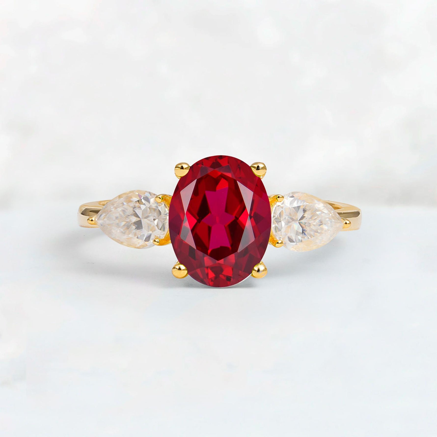 Oval Cut Ruby Three-Stone Engagement Ring with Pear Side Stones - Additional view