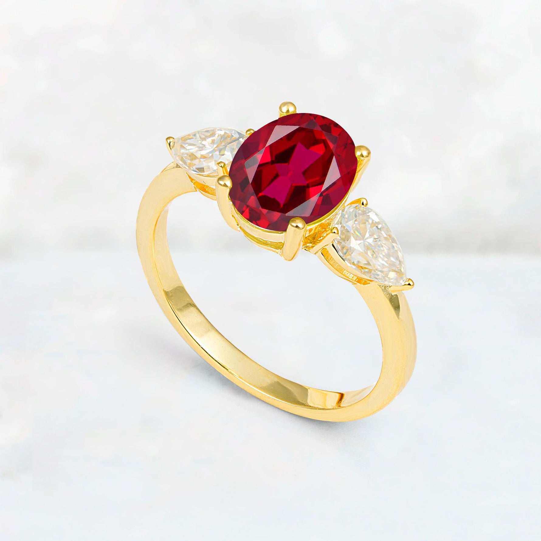 Oval Cut Ruby Three-Stone Engagement Ring with Pear Side Stones - Additional view
