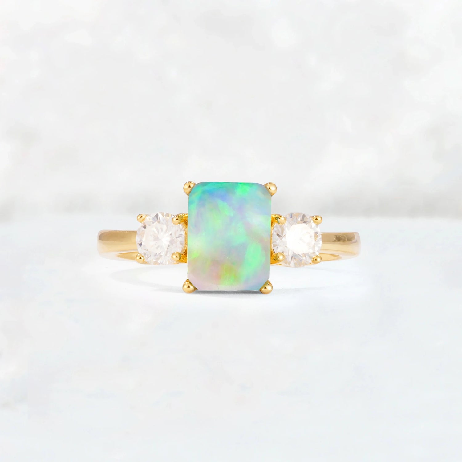 Art Deco Accent Emerald Cut Fire Opal Engagement Ring