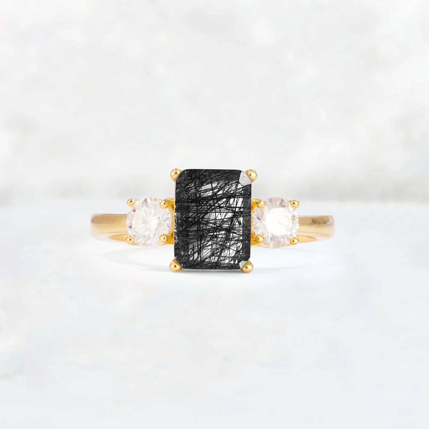 Emerald Cut Three Stone Black Rutilated Quartz Engagement Ring Anniversary Jewelry Gift