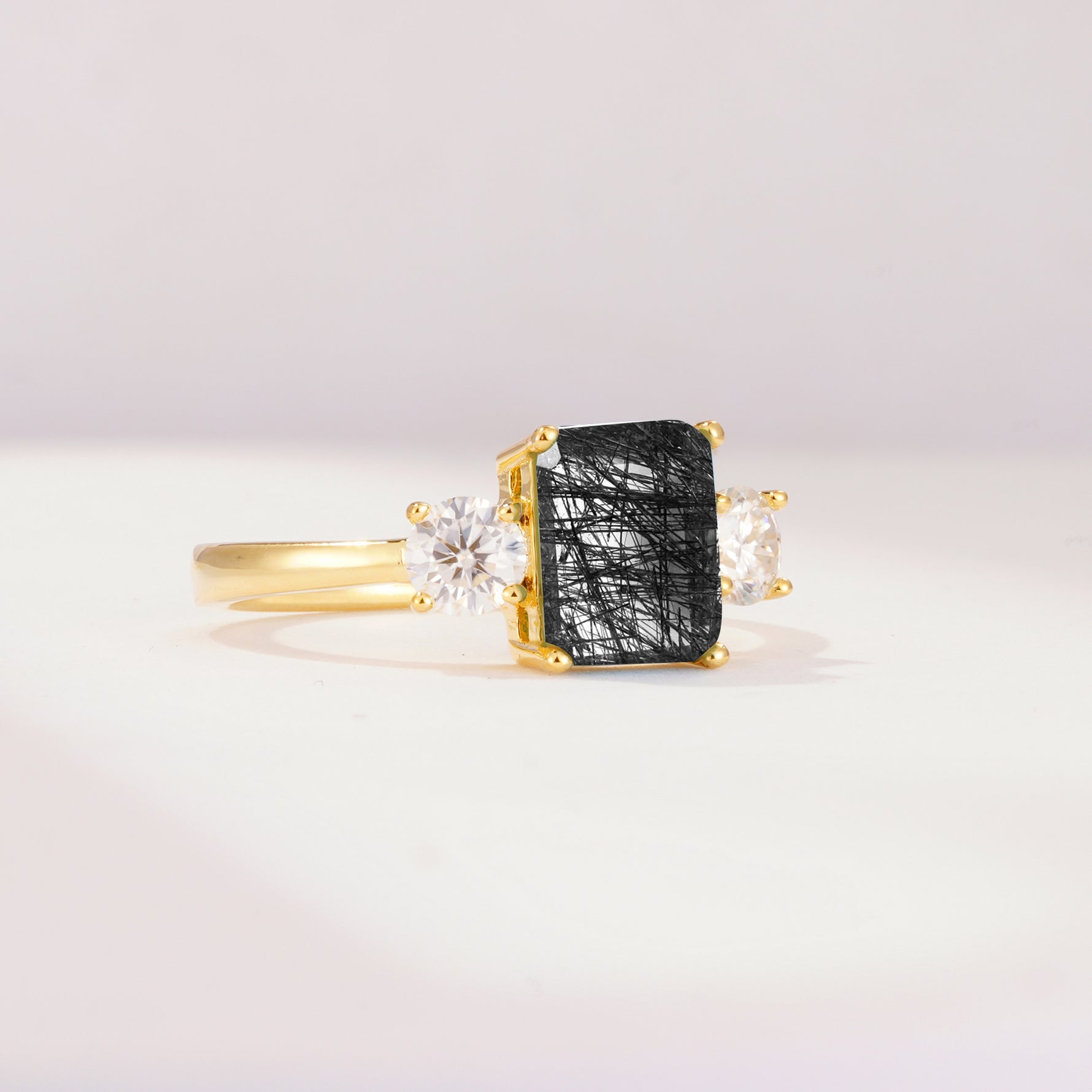 SR09241 Black Rutilated Quartz Ring - White-Gold