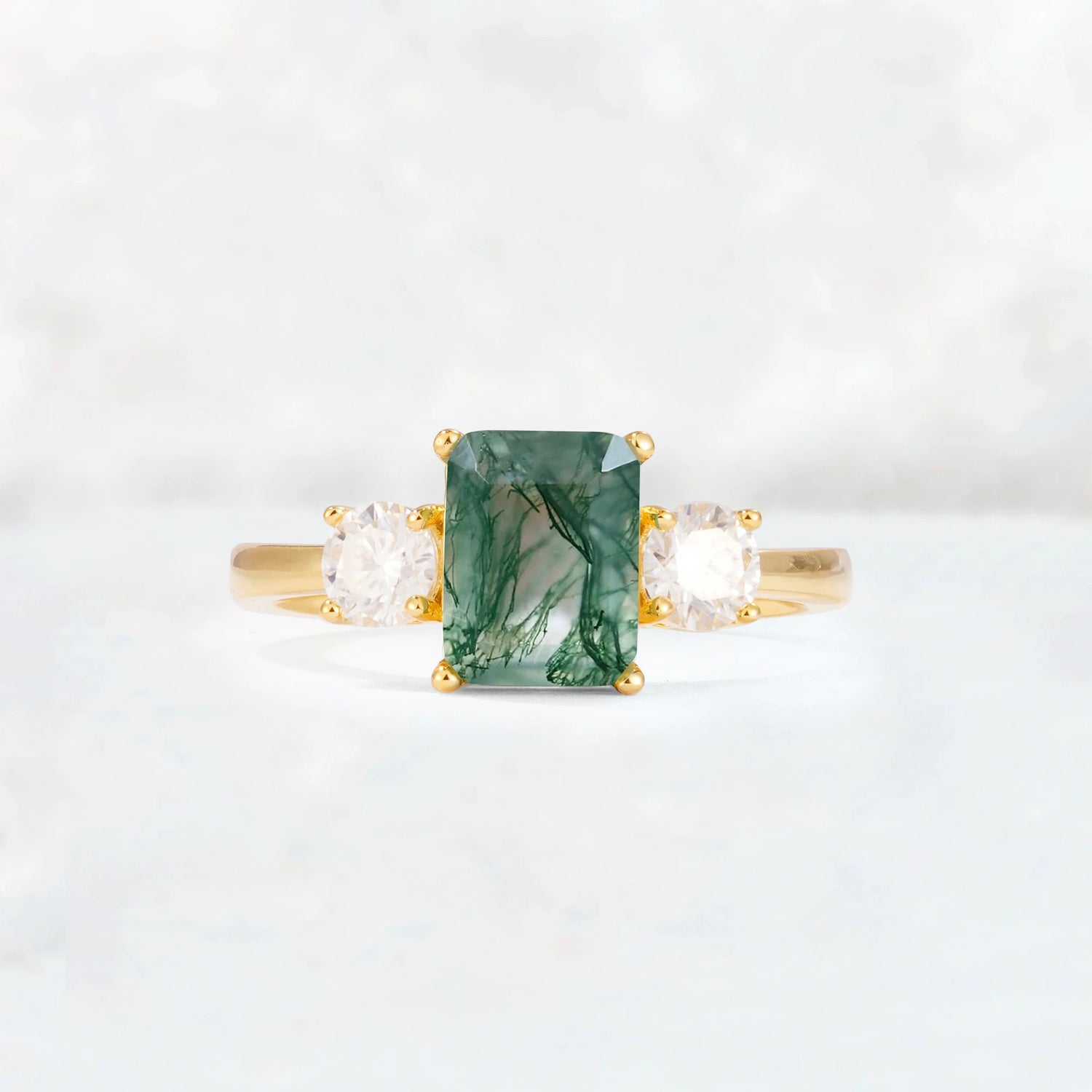 Emerald Cut Three Stone Moss AgateEngagement Ring Anniversary Jewelry Gift