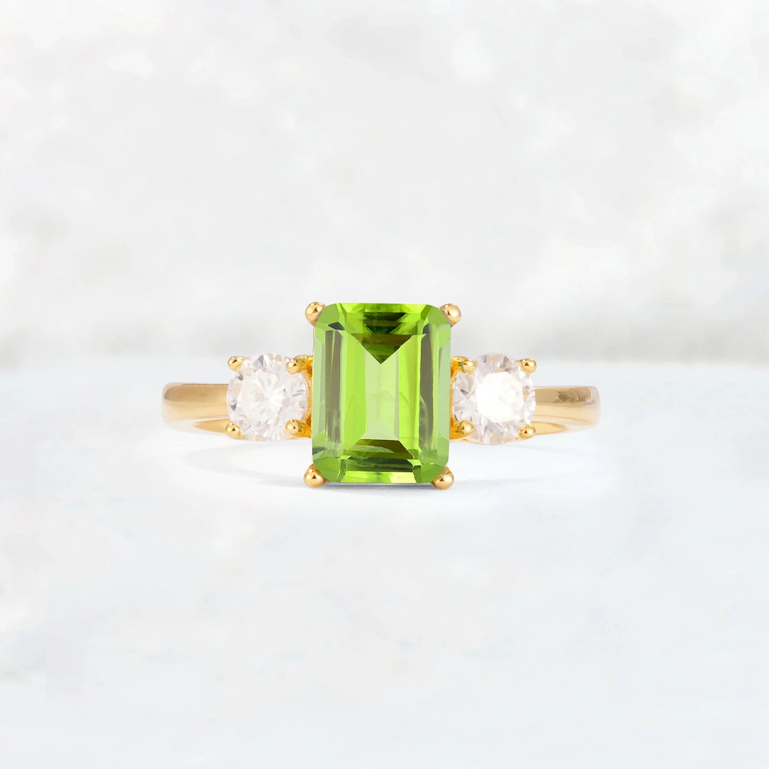 Emerald Cut Three Stone Peridot Engagement Ring Anniversary Jewelry Gift