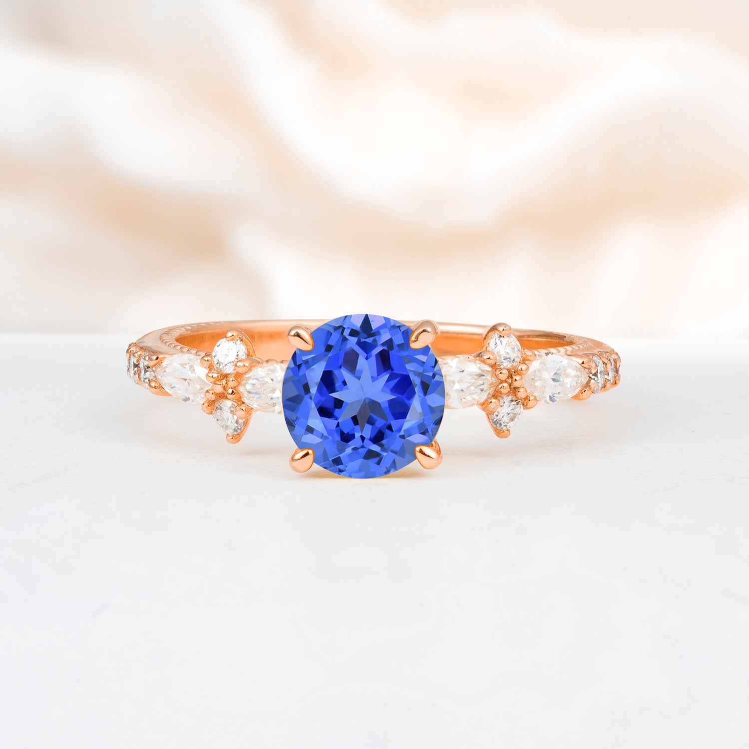 Unique Floral Setting Round Cut Sapphire Engagement Ring, Gift for Her