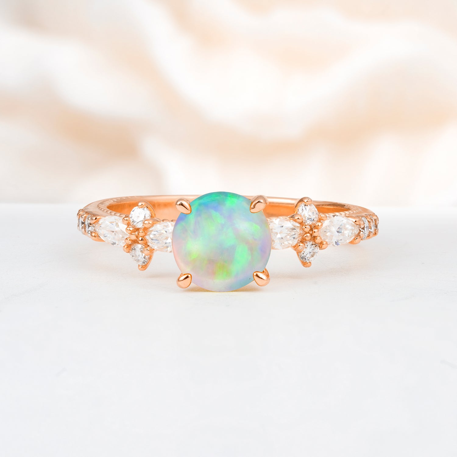 Unique Floral Setting Round Cut Opal Engagement Ring, Gift for Her
