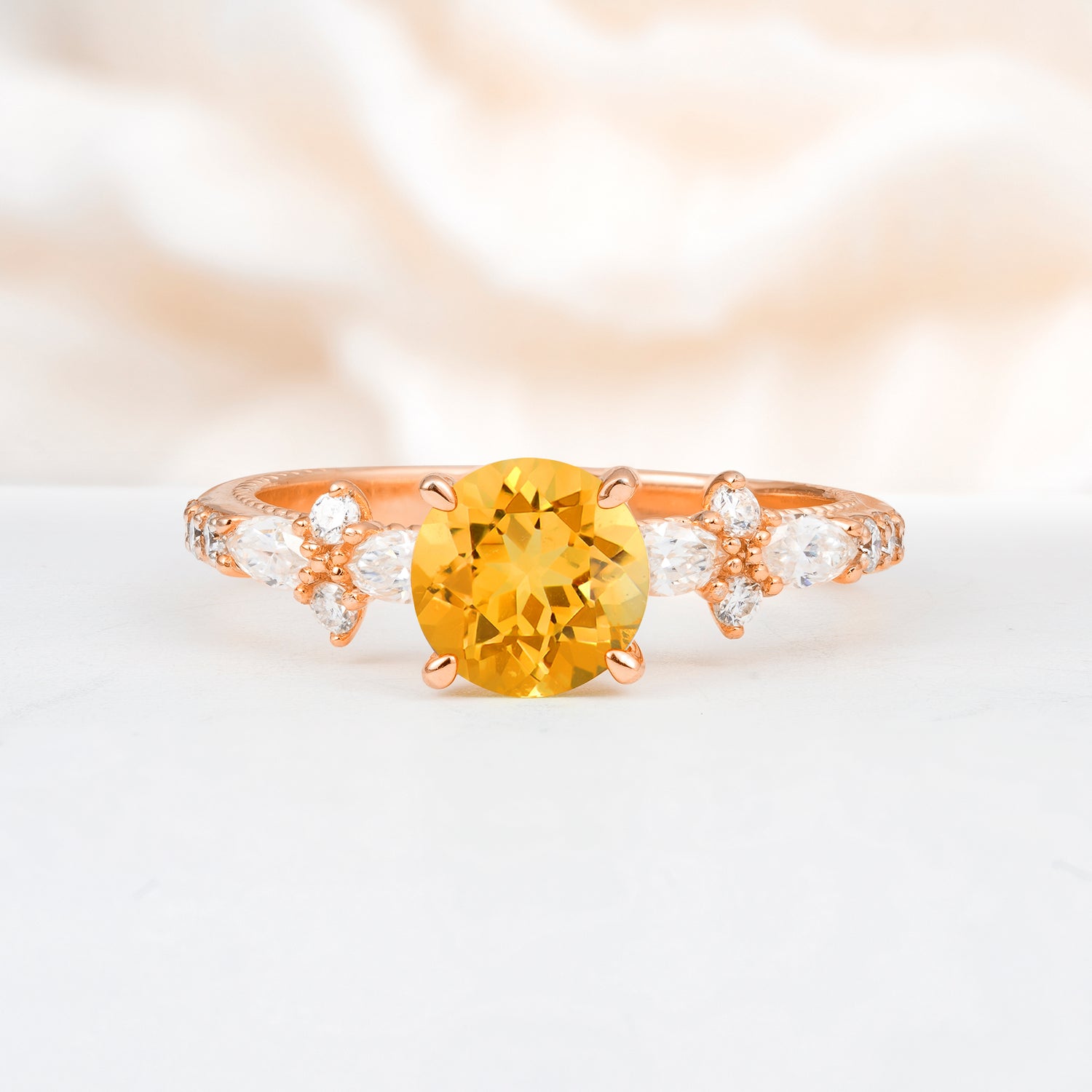 Unique Floral Setting Round Cut Citrine Engagement Ring, Gift for Her