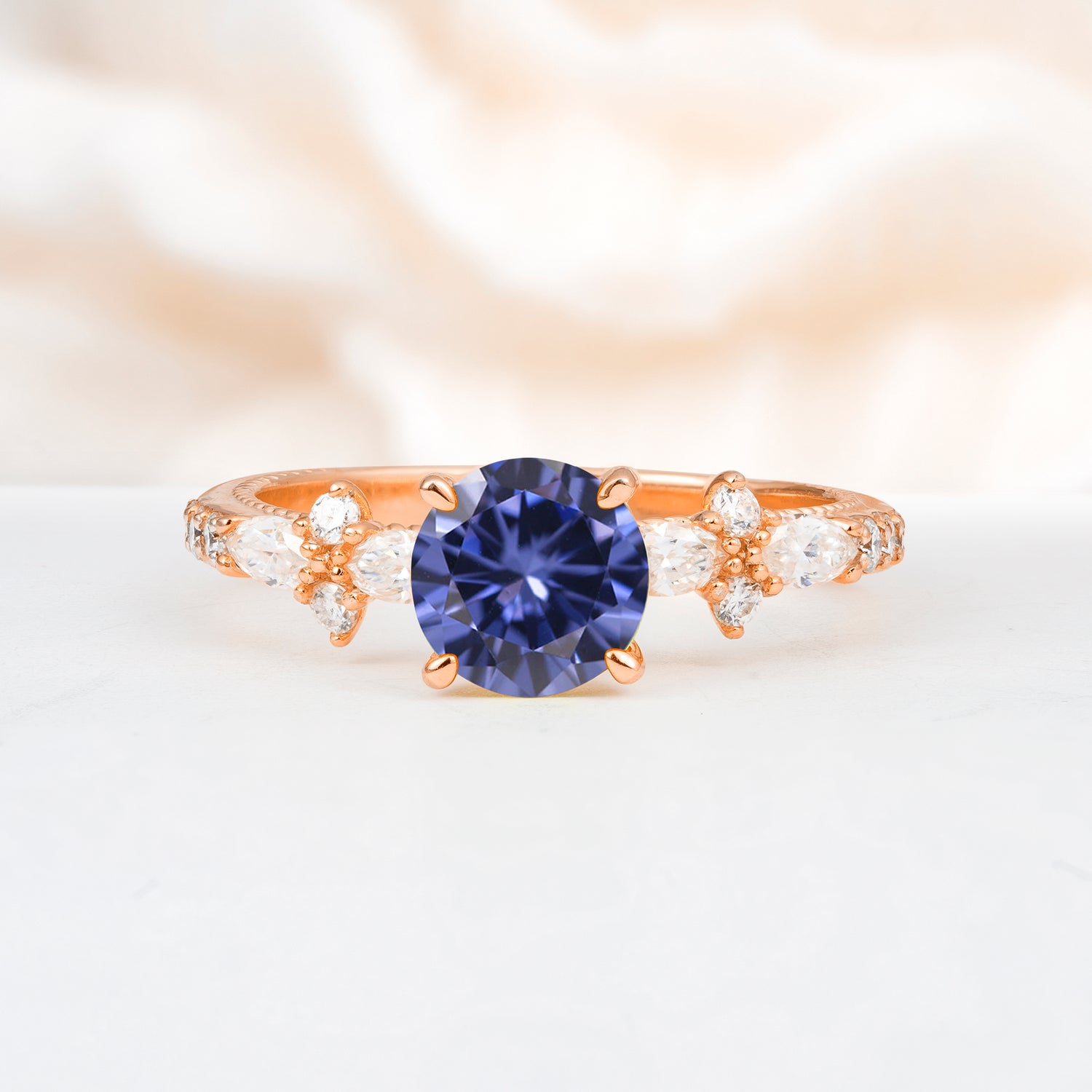 Unique Floral Setting Round Cut Tanzanite Engagement Ring, Gift for Her
