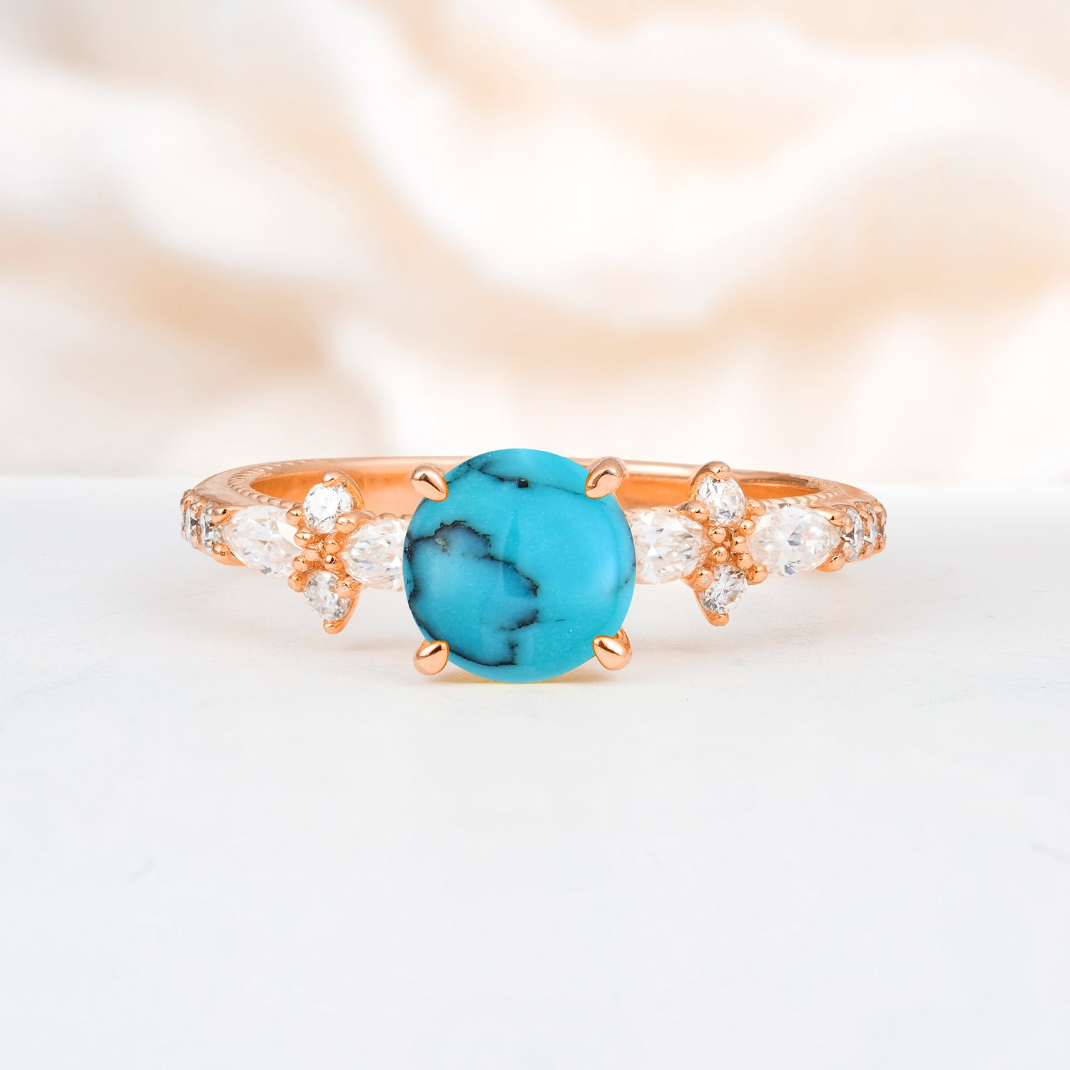 Unique Floral Setting Round Cut Turquoise Engagement Ring, Gift for Her