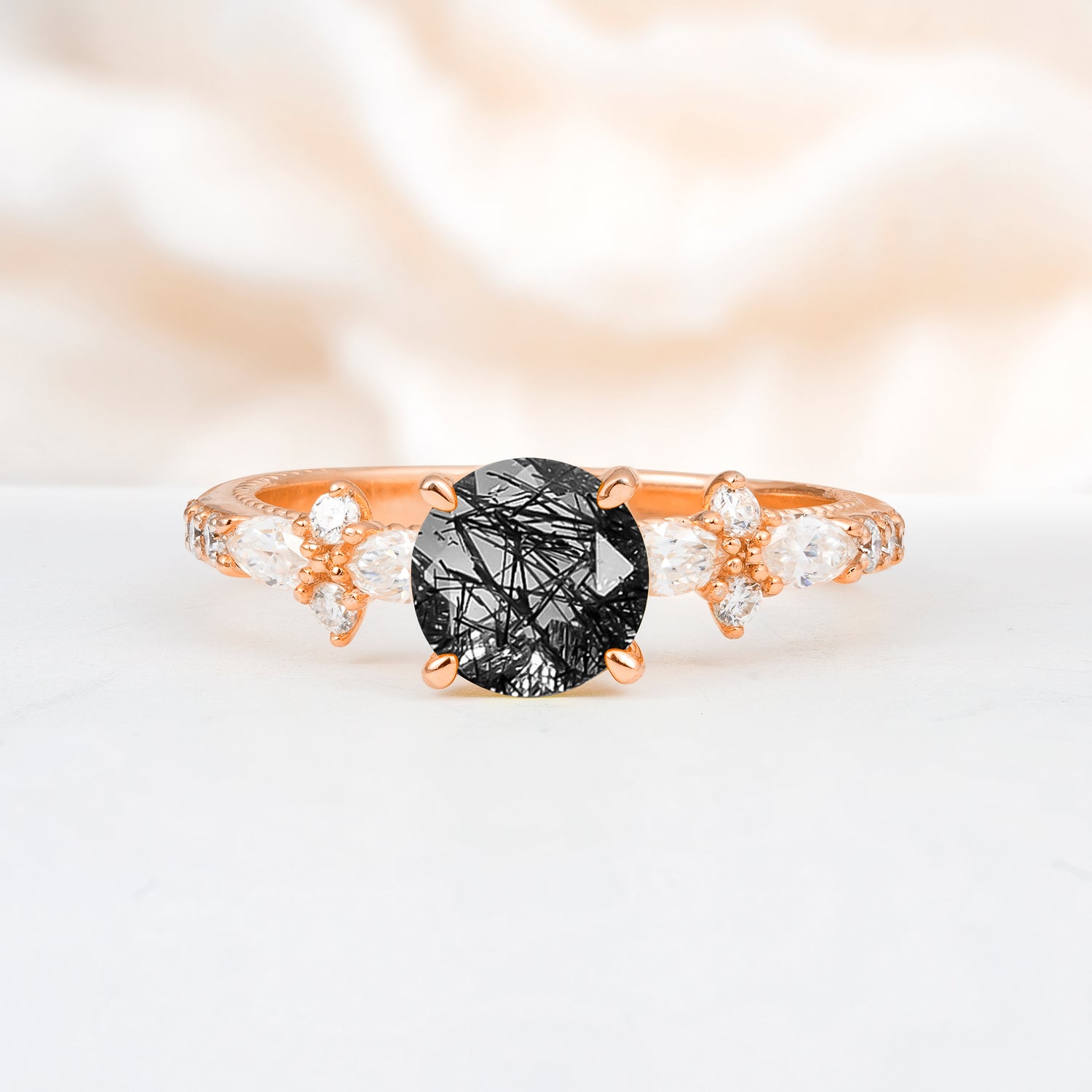 Unique Floral Setting Round Cut Black Rutilated Quartz Engagement Ring, Gift for Her