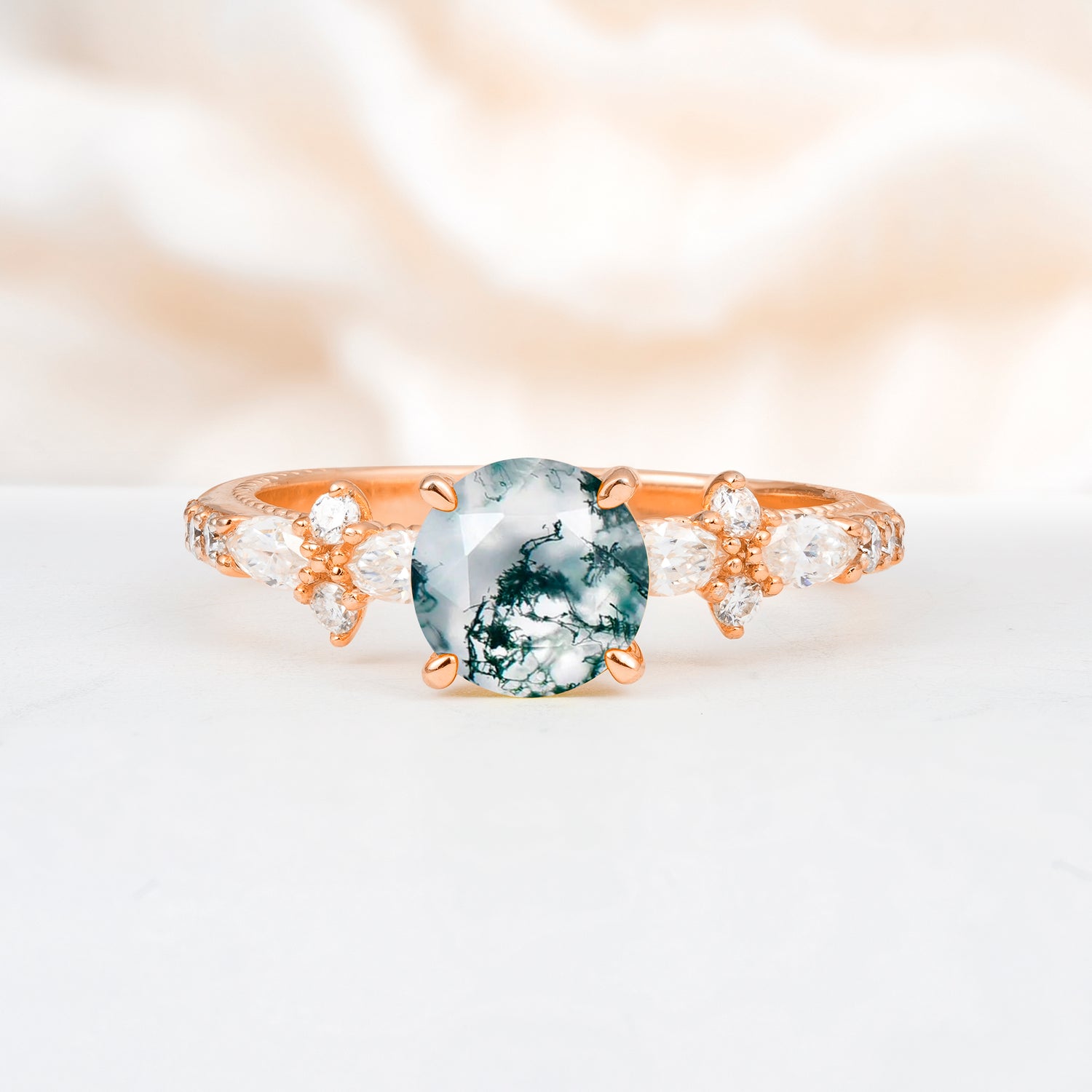 Unique Floral Setting Round Cut Moss Agate Engagement Ring, Gift for Her