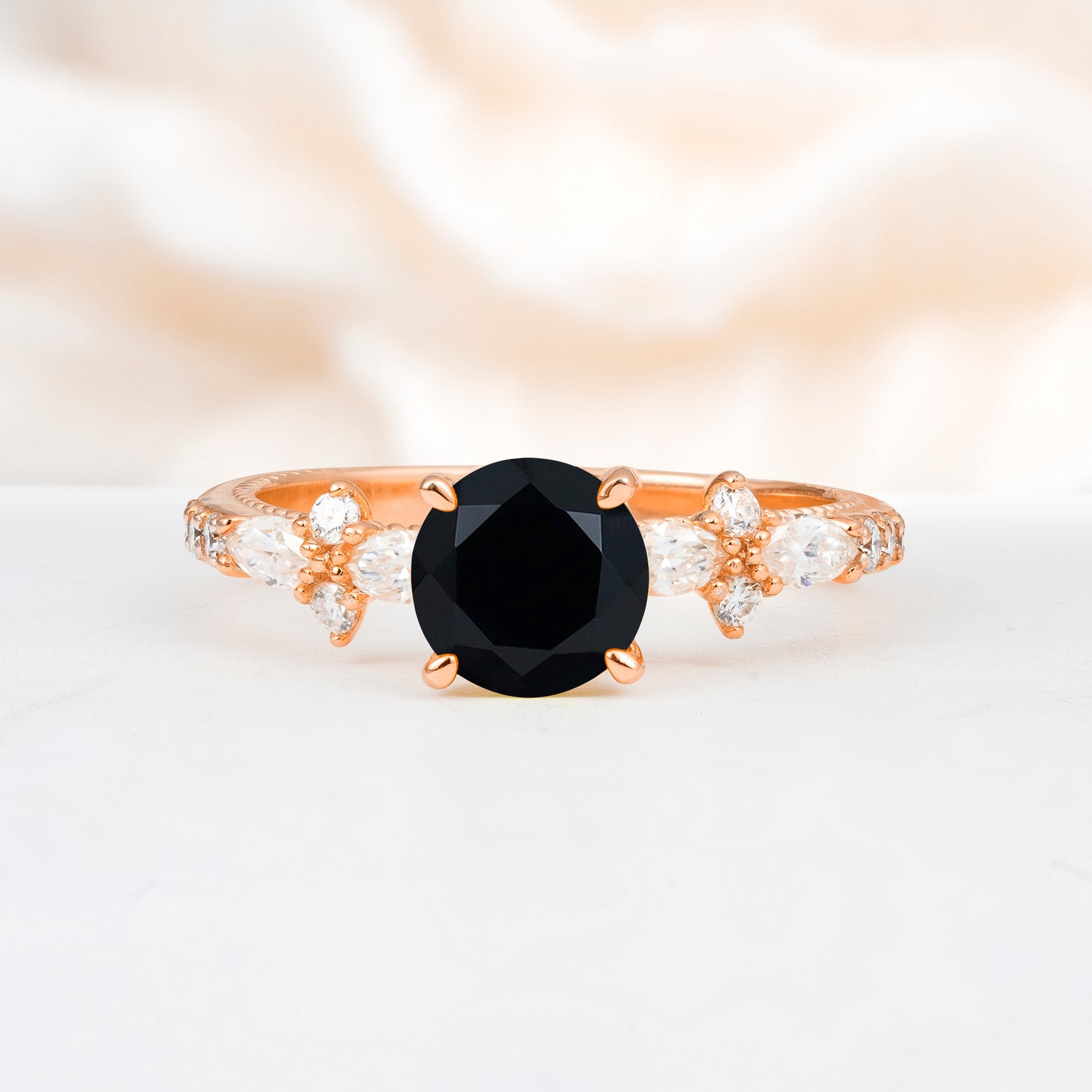 Unique Floral Setting Round Cut Black Onyx Engagement Ring, Gift for Her