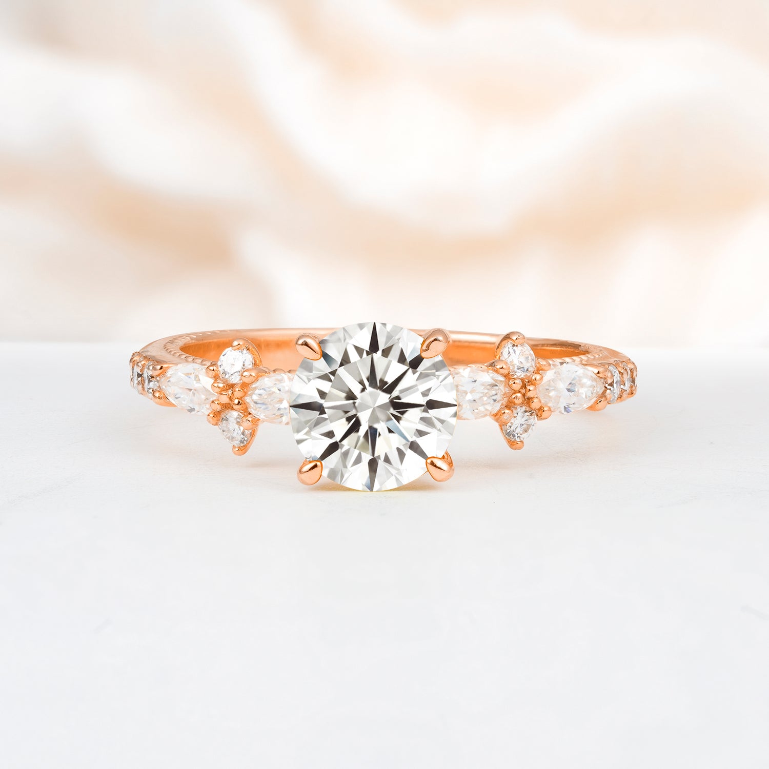 Unique Floral Setting Round Cut Moissanite Engagement Ring, Gift for Her