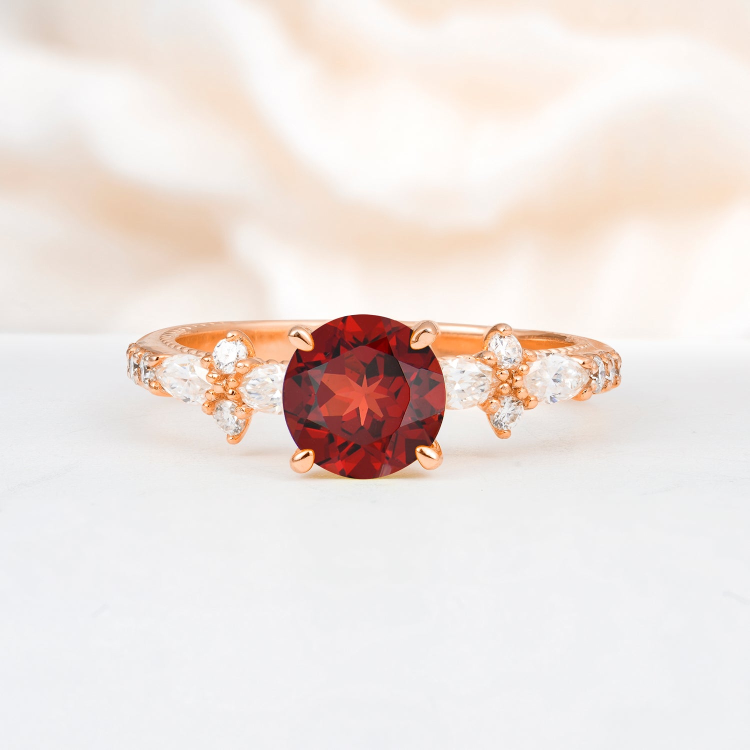 Unique Floral Setting Round Cut Garnet Engagement Ring, Gift for Her