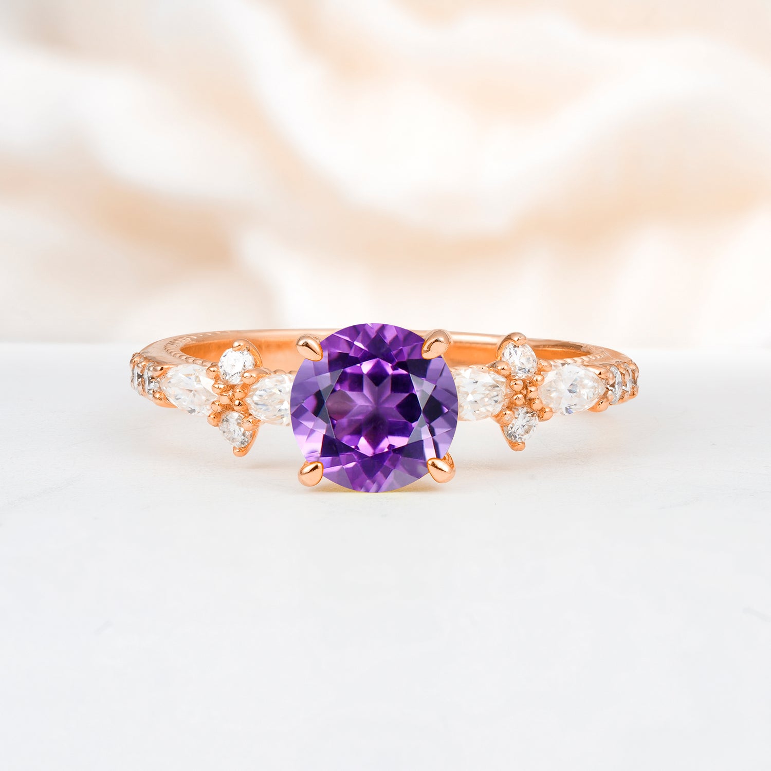 Unique Floral Setting Round Cut Amethyst Engagement Ring, Gift for Her