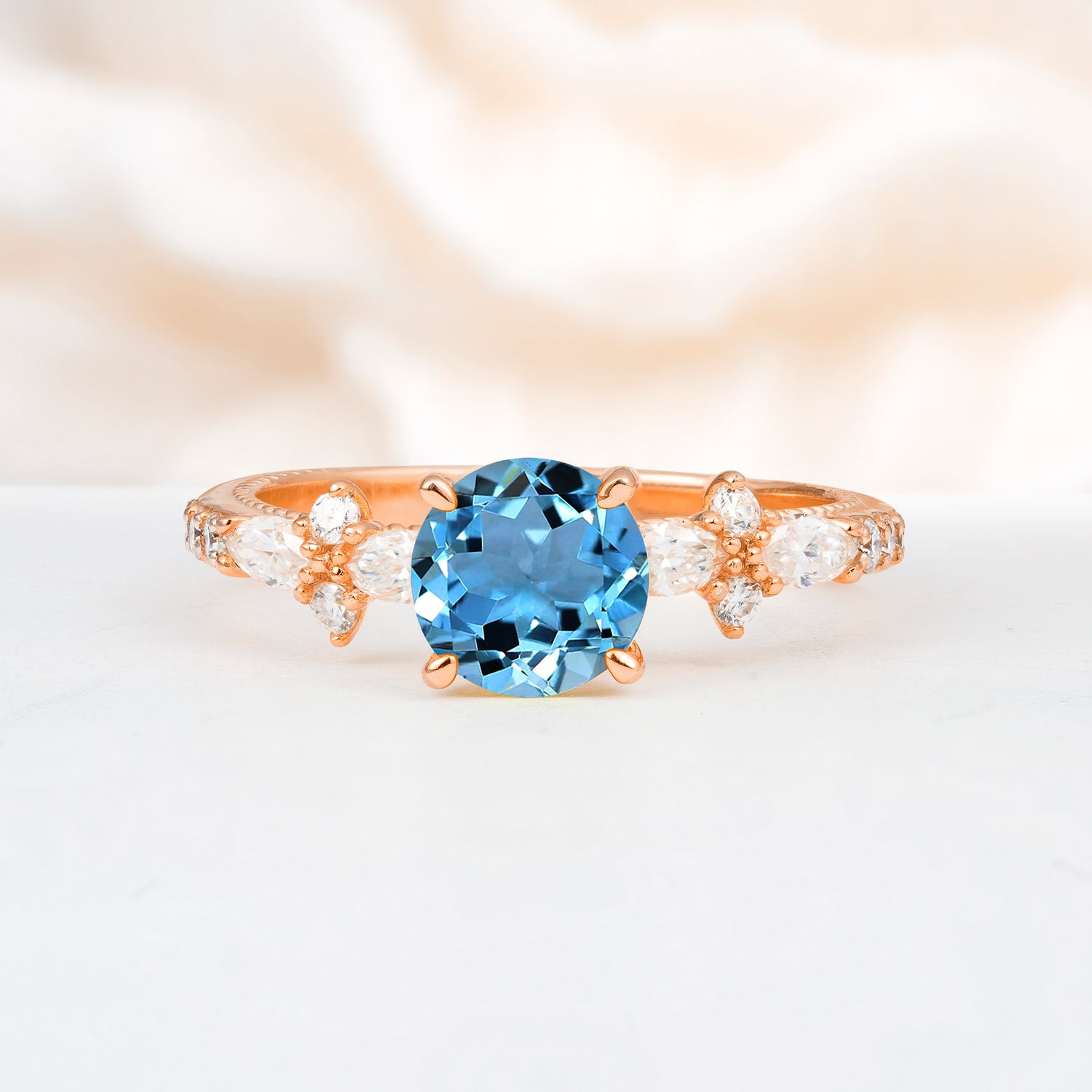 Unique Floral Setting Round Cut Aquamarine Engagement Ring, Gift for Her