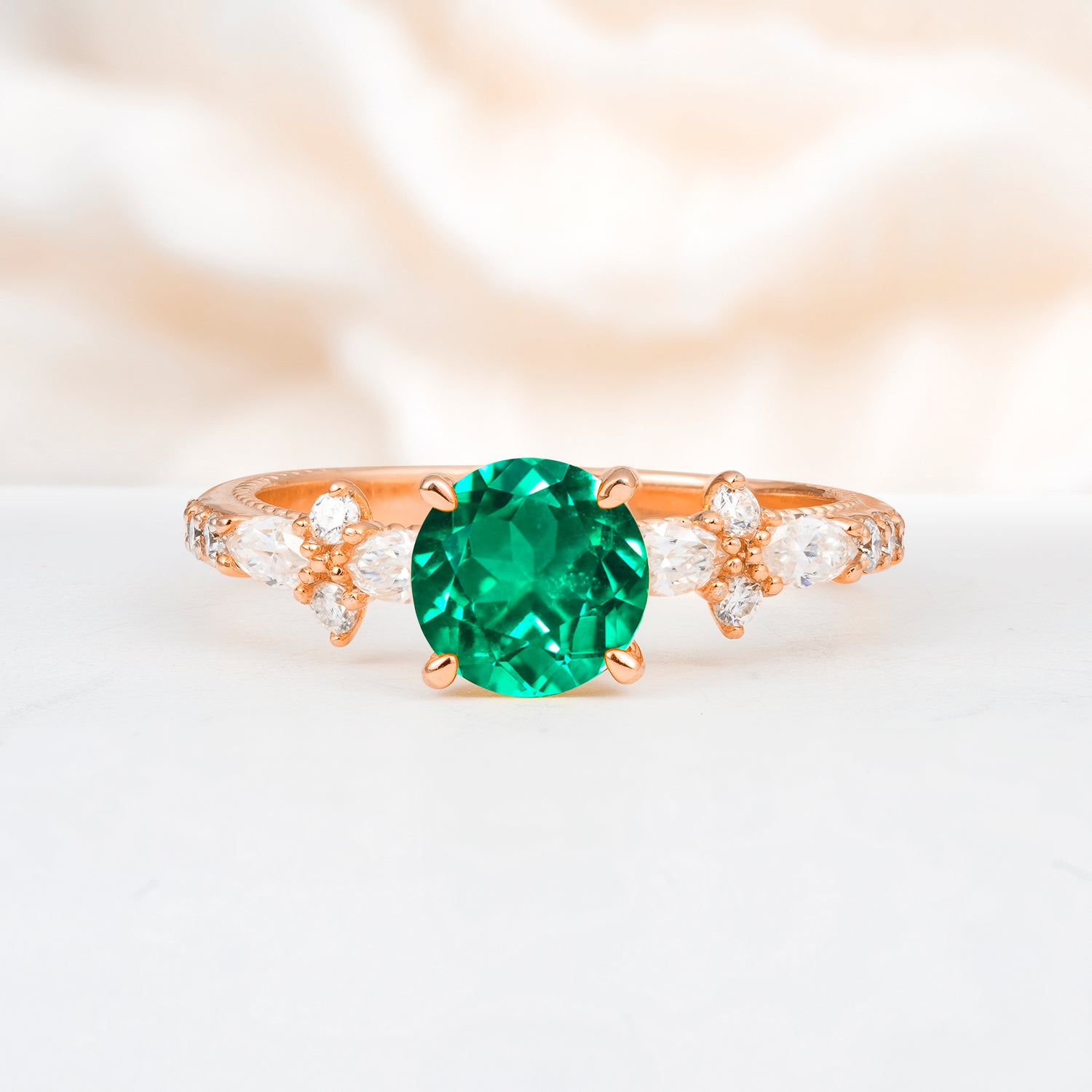 Unique Floral Setting Round Cut Emerald Engagement Ring, Gift for Her