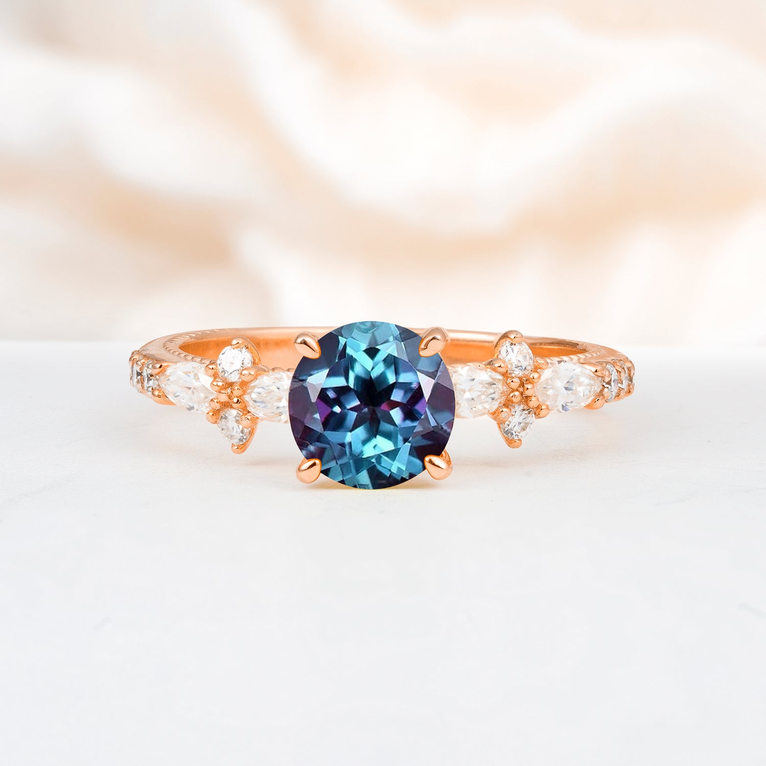 Unique Floral Setting Round Cut Alexandrite Engagement Ring, Gift for Her