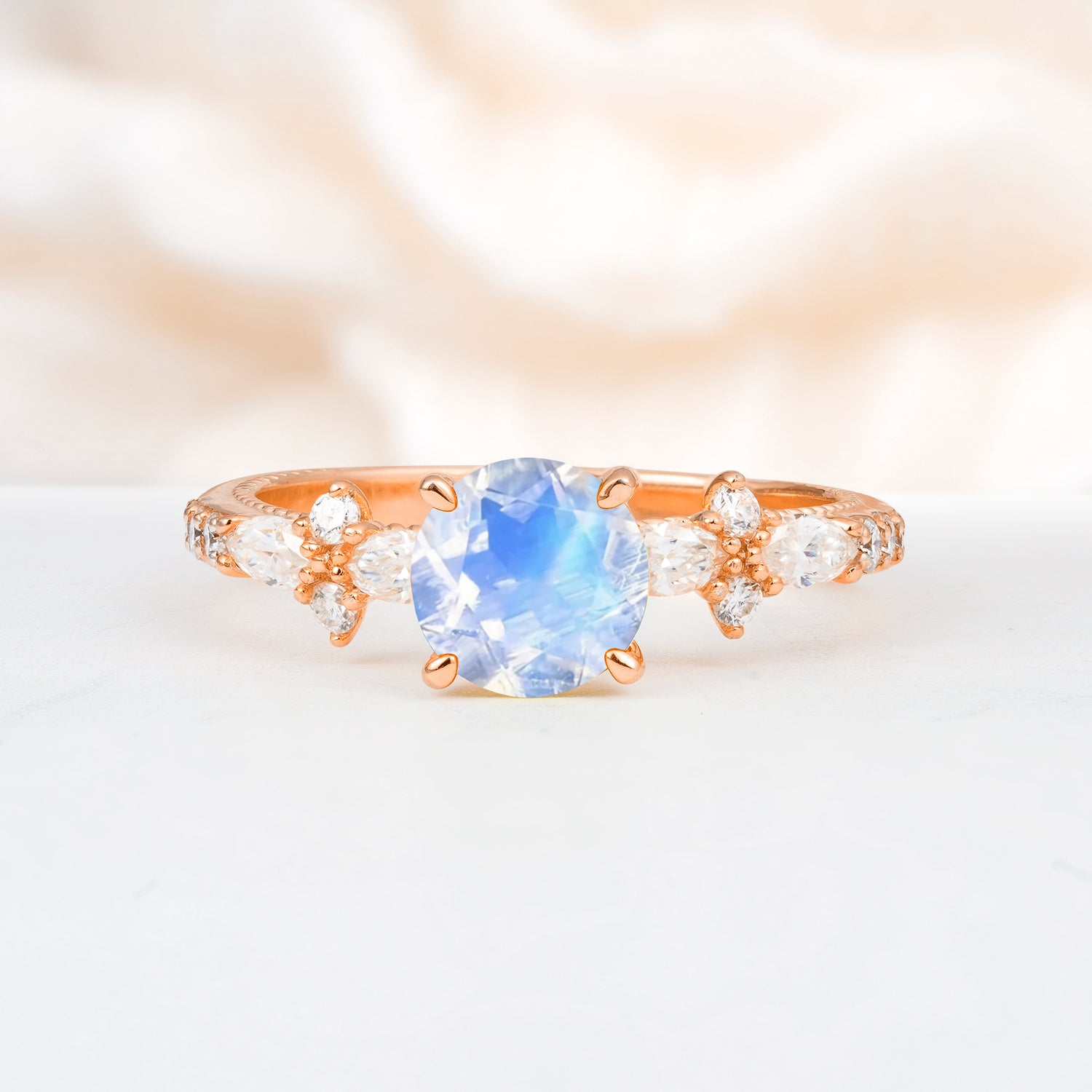 Unique Floral Setting Round Cut Moonstone Engagement Ring, Gift for Her