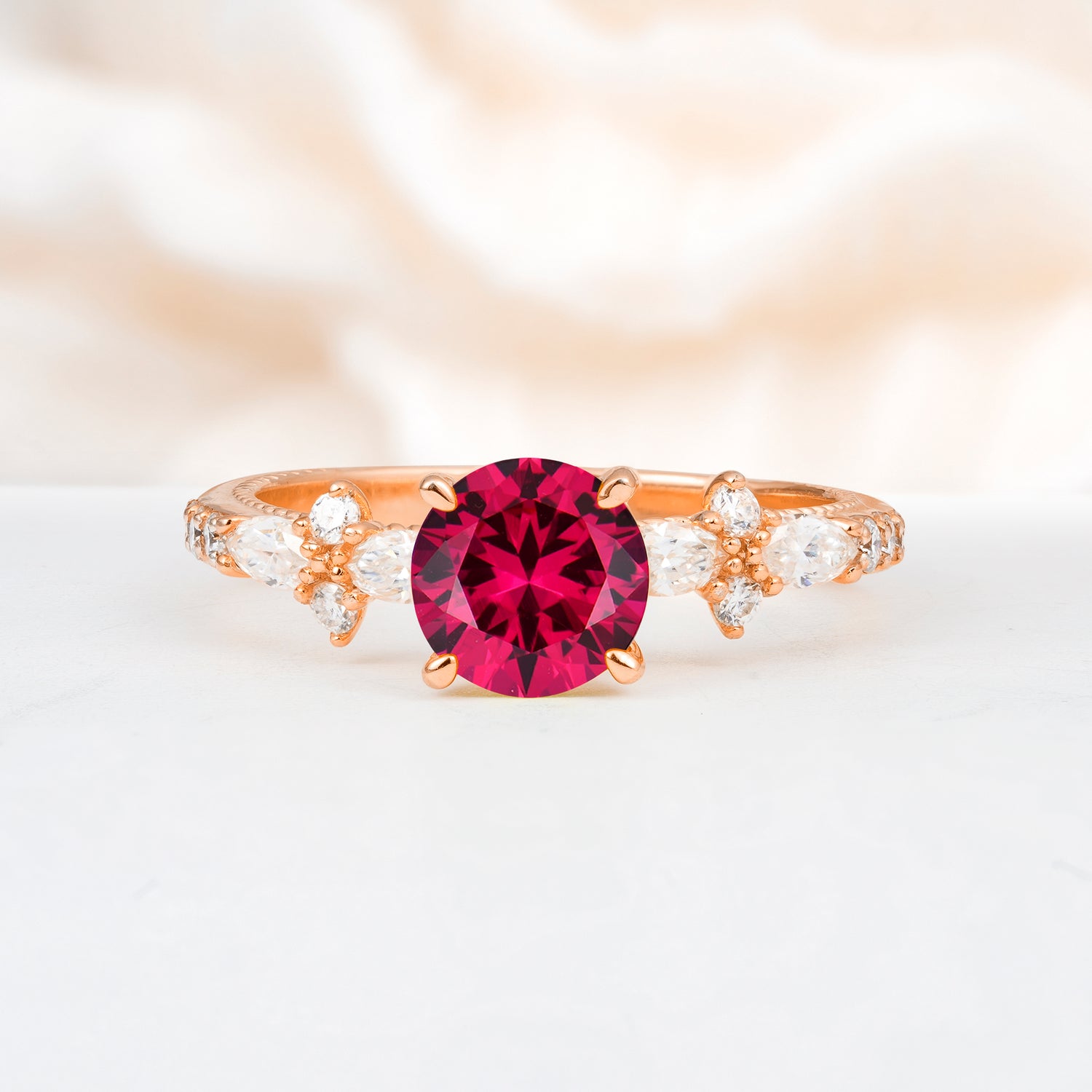 Unique Floral Setting Round Cut Ruby Engagement Ring, Gift for Her