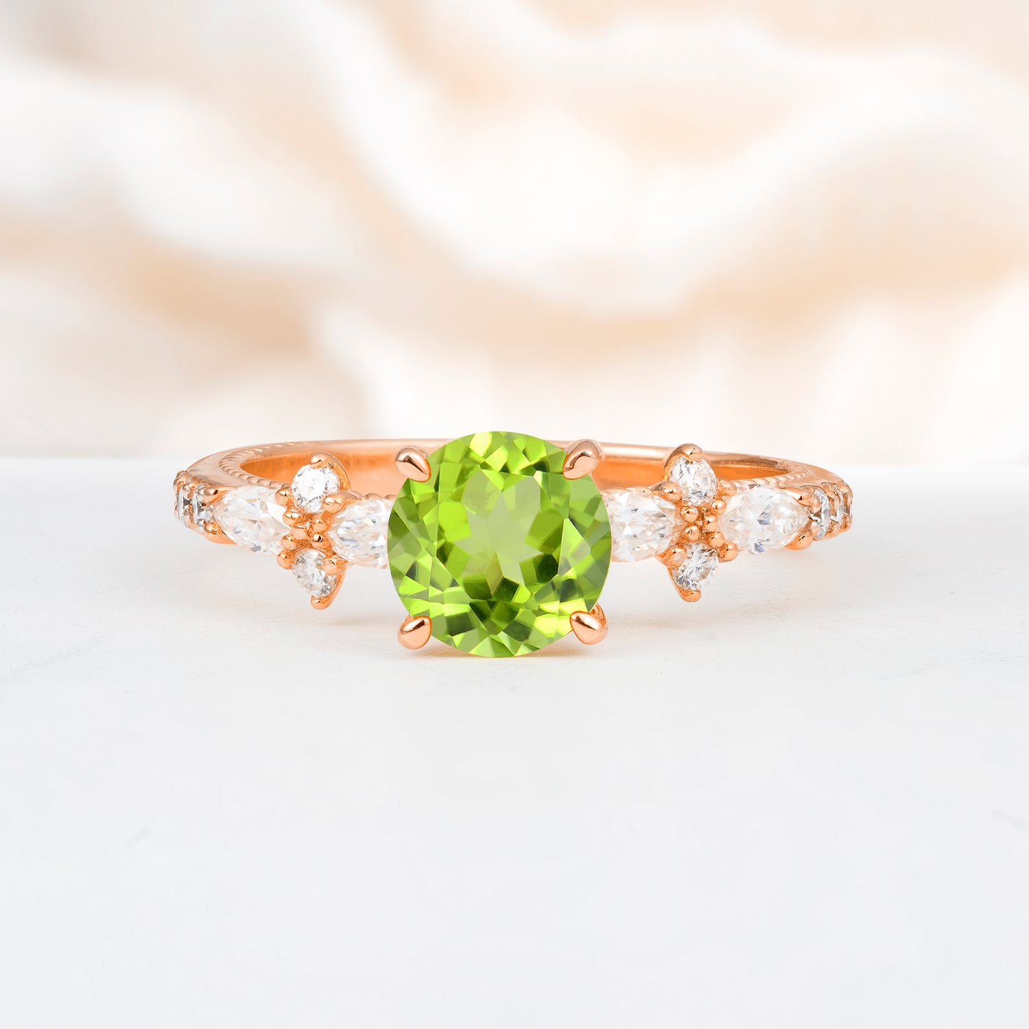 Unique Floral Setting Round Cut Peridot Engagement Ring, Gift for Her